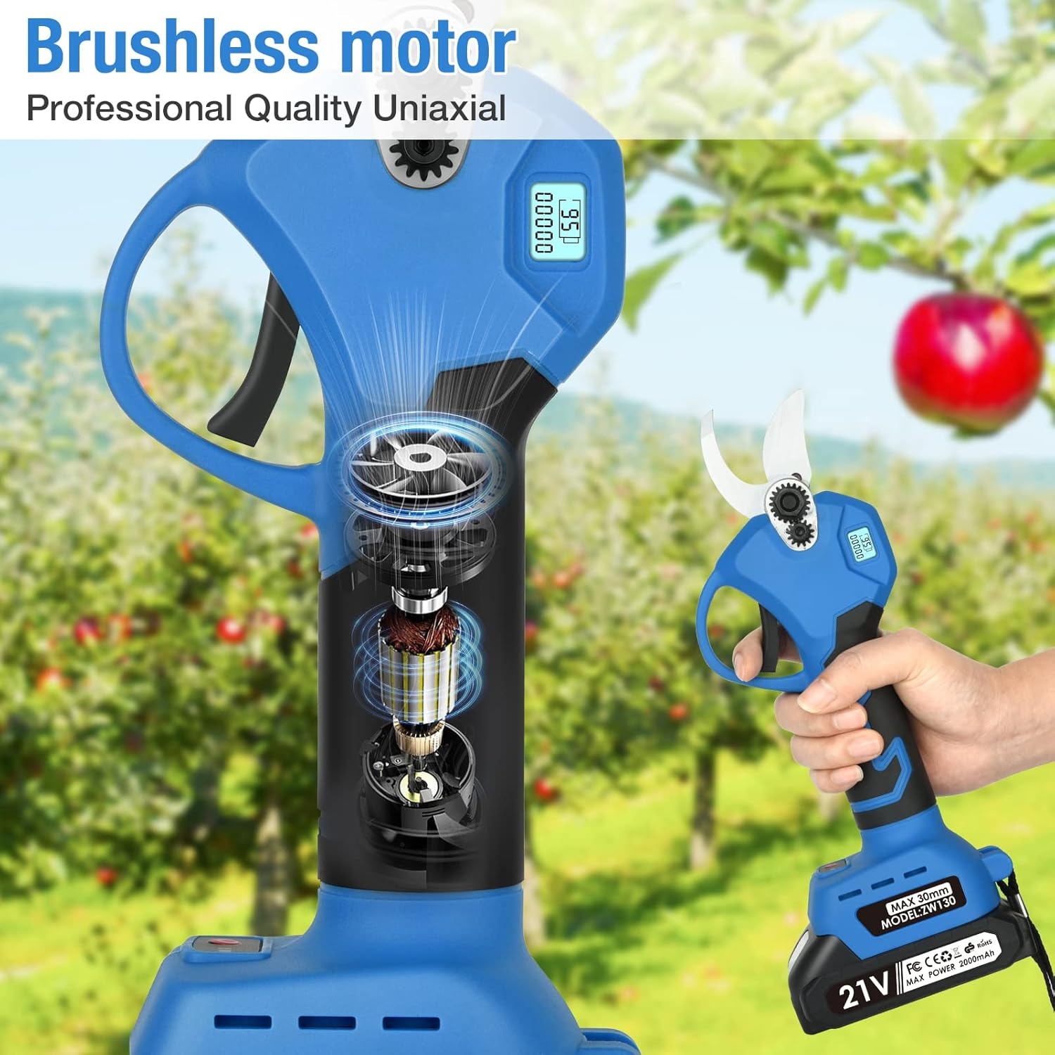 Electric Pruning Shears, Cordless Secateurs Battery Branch Cutter with 2PCS 2000Mah Battery, MAX 30Mm Cutting Diameter Professional Electric Scissors for Gardens Tree Branches image number 3