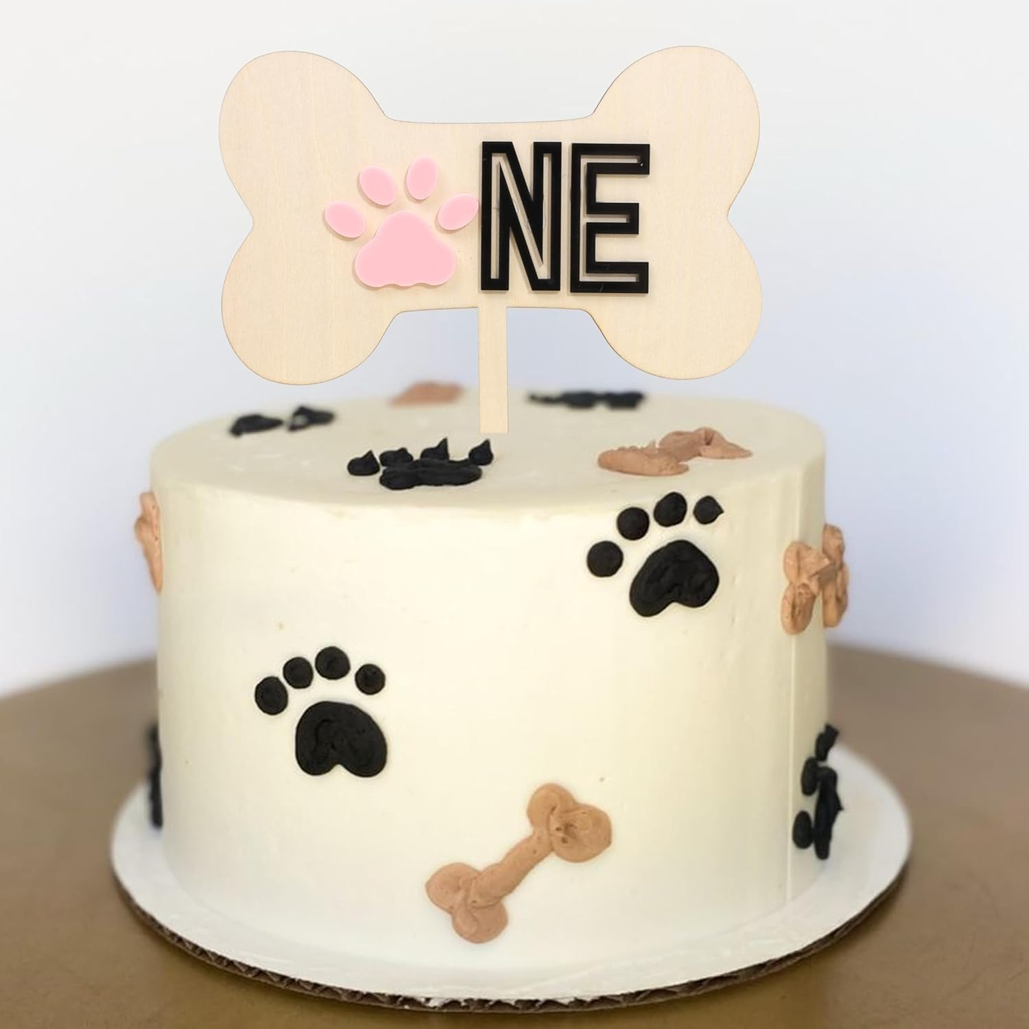 ONE Dog Bone Wooden Cake Topper &ndash; Pink Paw First Birthday Decoration &ndash; Rustic Cake Sign for Baby or Pet-Themed Party &ndash; 7 Inch image number 1