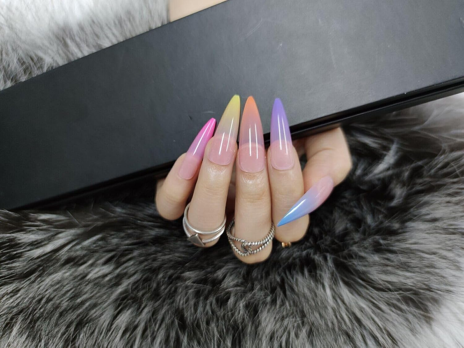 Press on Nails Fake Long Point Pointing Nail Tips Rainbow Stiletto 20 Pcs image number 6