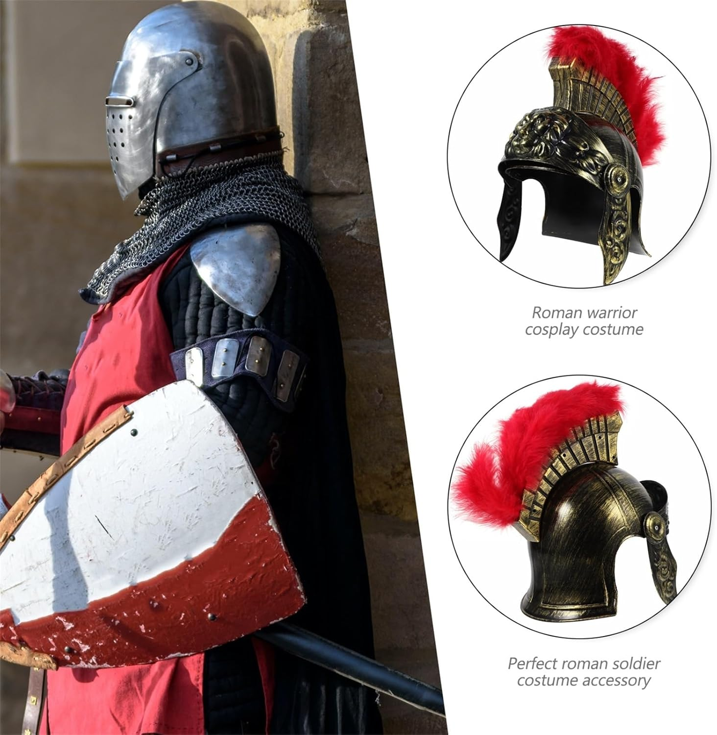 Tofficu Medieval Knight Greek Spartan Helmet Costume Gold Gladiator Warrior Roman Soldier Helmets Armour Viking Knight Helmet Headwear with Red Feathered Plume Headgear image number 6