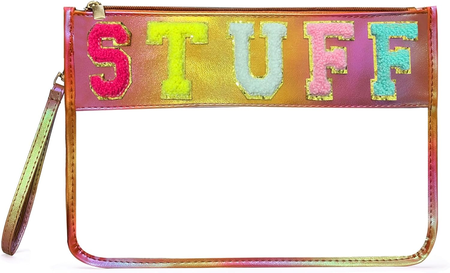 Chenille Letter Clear Zipper Pouch, Pvc&Nylon Clear Cosmetic Bags, Clear Purse, Travel Makeup Bag for Women and Children, Clear Pouches for Travel, Gym, Beach, Green, Glitter Chenille Letters