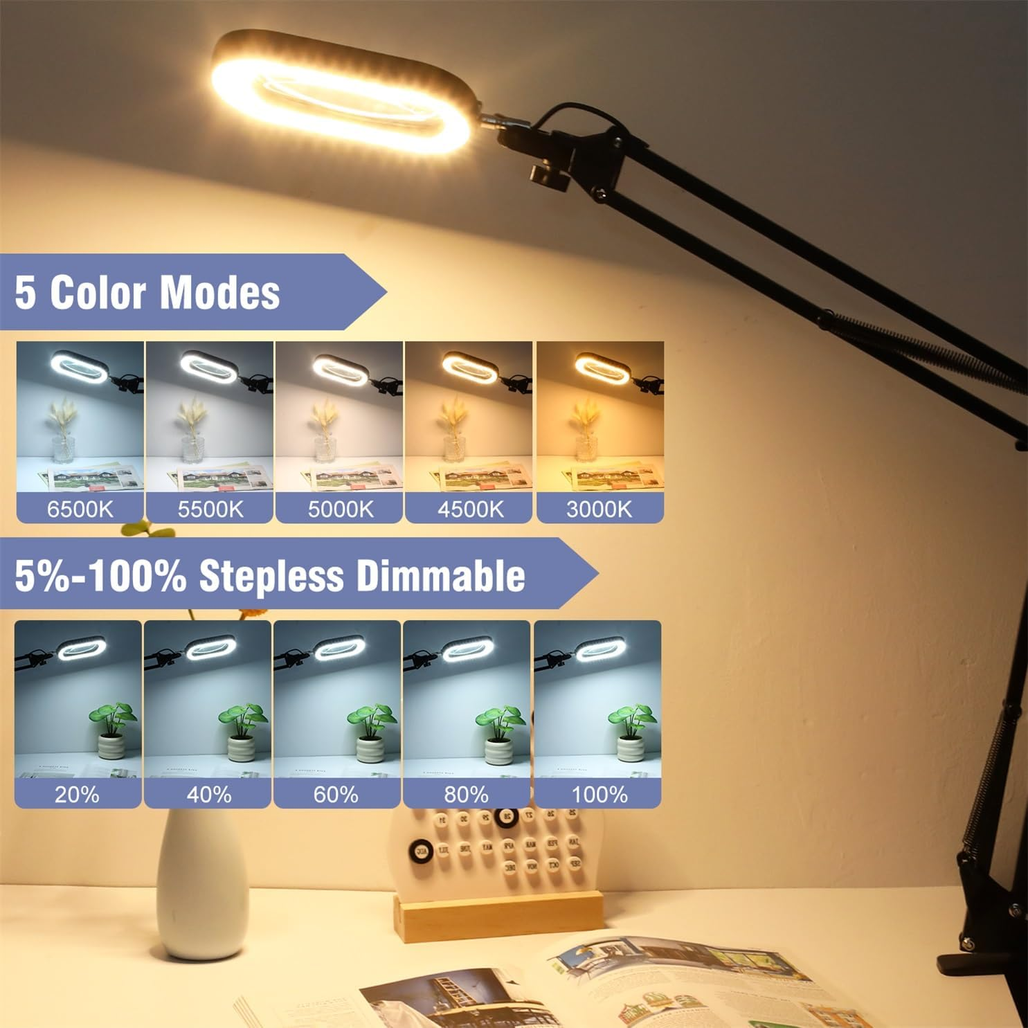 10X Rectangle Magnifying Glass with Light and Clamp, 5 Color Modes Stepless Dimmable, Lighted Magnifier with Stand Hands Free, Flexible Swing Arm LED Desk Lamp for Reading Painting Close Work image number 4