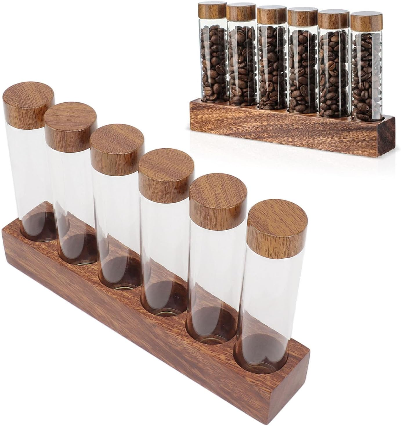 Coffee Bean Cellars, Glass Single Dose Coffee Beans Storage Tubes with Walnut Wood Stand Lid & Funnel, Glass Cellars Single Dose Coffee Bean Container for Cafe Kitchen (6 Tube)