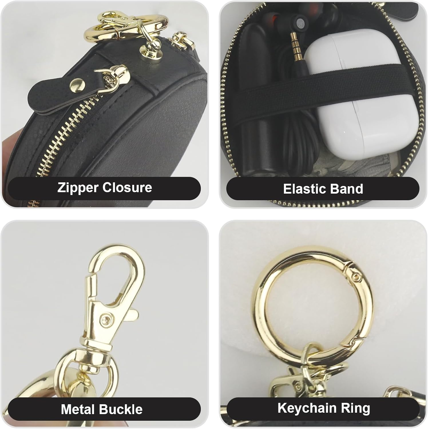 Bocasal Coin Pouch Mini Lipstick Cosmetic Bag with Airtag Holder Mirror, Leather Zipper Travel Makeup Bag Organizer Keychain Ring Clasp for Keys Earbuds Earphone Lip Gloss Chapstick Women Girls, Black - Black image number 4