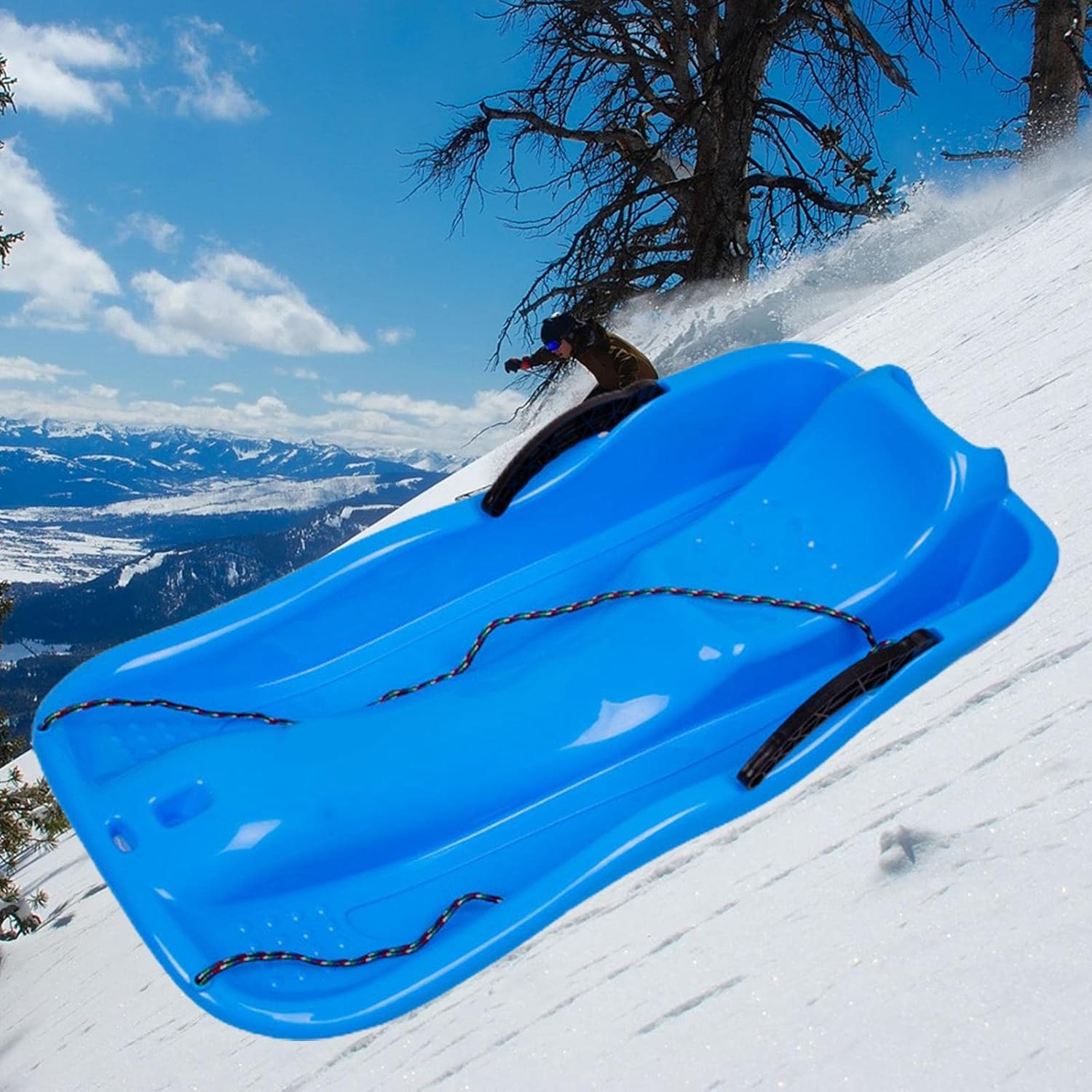 Toboggan Double Human Sleigh Sledding Kids Sledge with Double Seat Ski Board Toys Winter Snow Sled for Children Outdoor Backyard Holiday, Blue image number 5