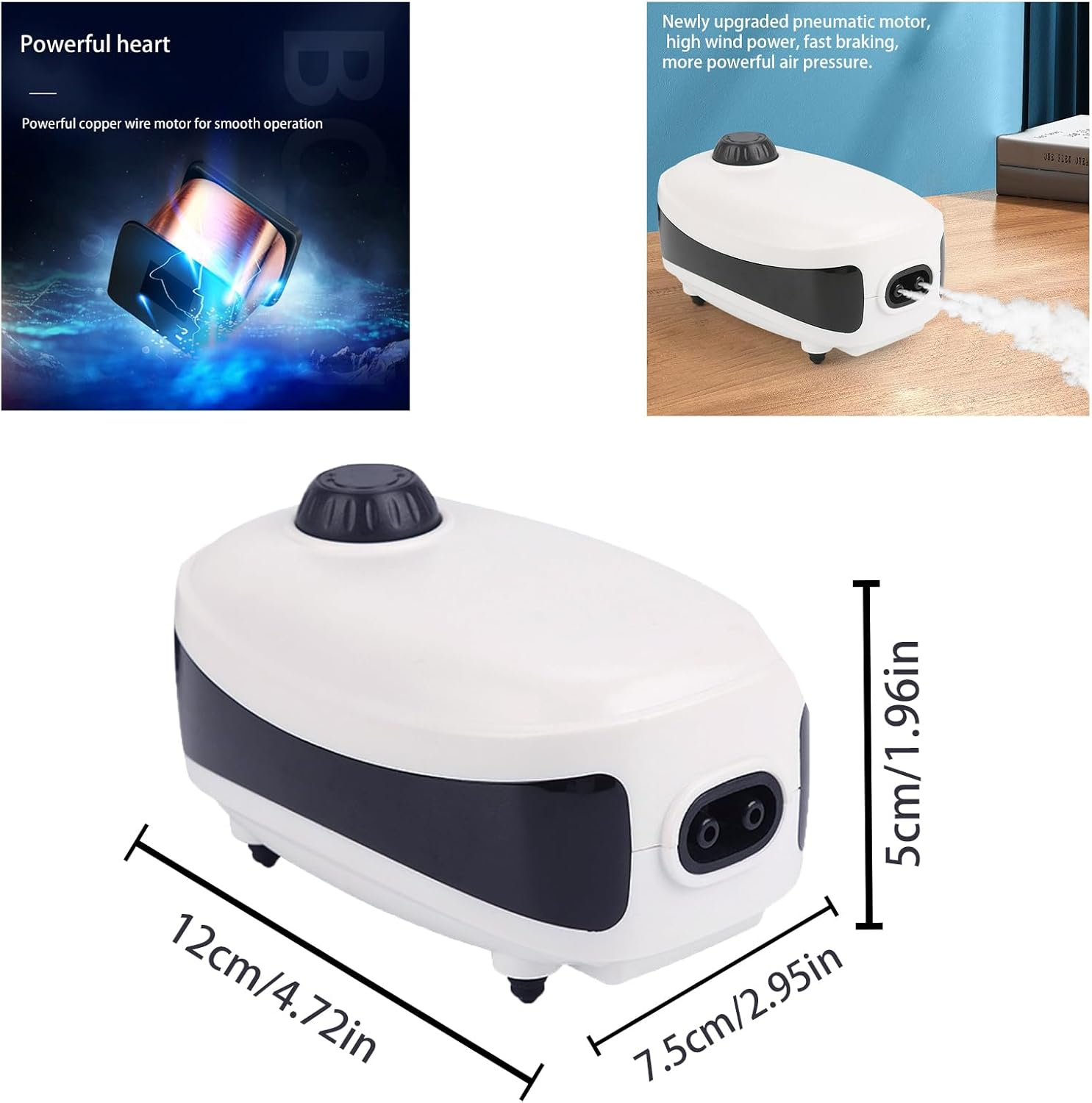 4W Fish Tank Air Pump, 6L/Min Quiet Adjustable Oxgen Pump, Powerful Aquarium Air Pump Aquarium Bubbler with All Accessories(Air Stone,Tubing Silicone,Check Valves) for 1-600L Fish and Turtle Tank image number 1