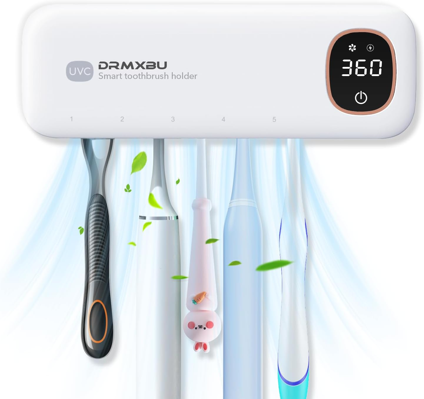 Toothbrush Holder, DRMXBU UV Electric Toothbrush Sanitizer Holder Wall Mounted for Bathroom with Light Clean Air Dry, Tooth Brush Holder with 5 Slots for Family, LED Timer Toothbrush Cleaner Case image number 1