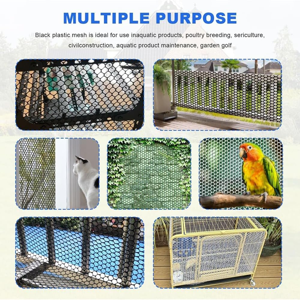 1 PCS Plastic Mesh Fence Roll with Zip Ties,15.7Inx16.4Ft,Chicken Protection Net for Dogs,Rabbits & Poultry - Chicken Netting - Snake Barrier - Balcony Netting for Pets - Balcony Cat Barrier,Black