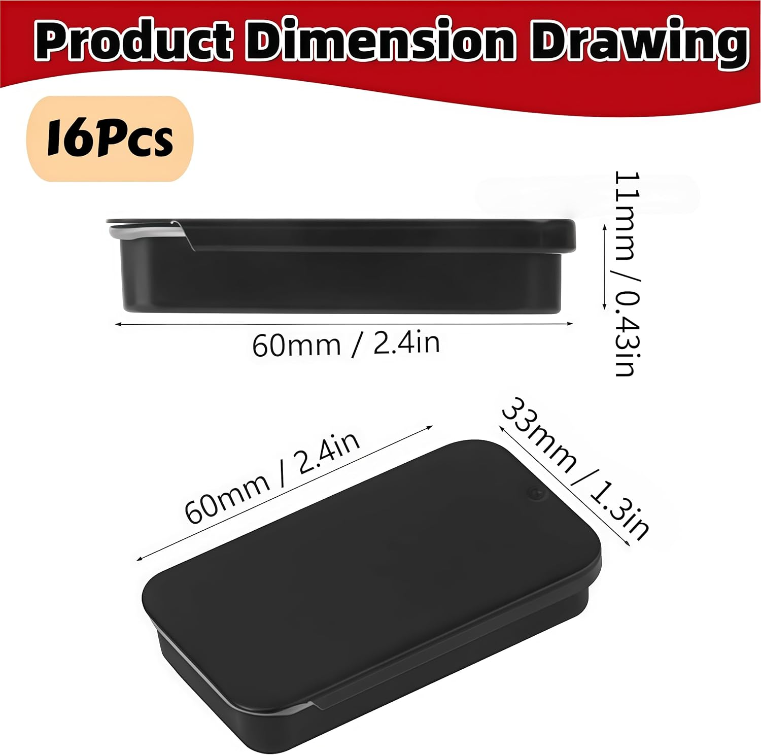 16 Pcs Aluminum Tin Jars,Metal Slide Top Containers,Portable Small Empty Storage Slide Top Lip Balm Tins with Lids for Lip Balm,Make Up,Eye Shadow, Tea （Black, 60 * 33 * 11Mm)