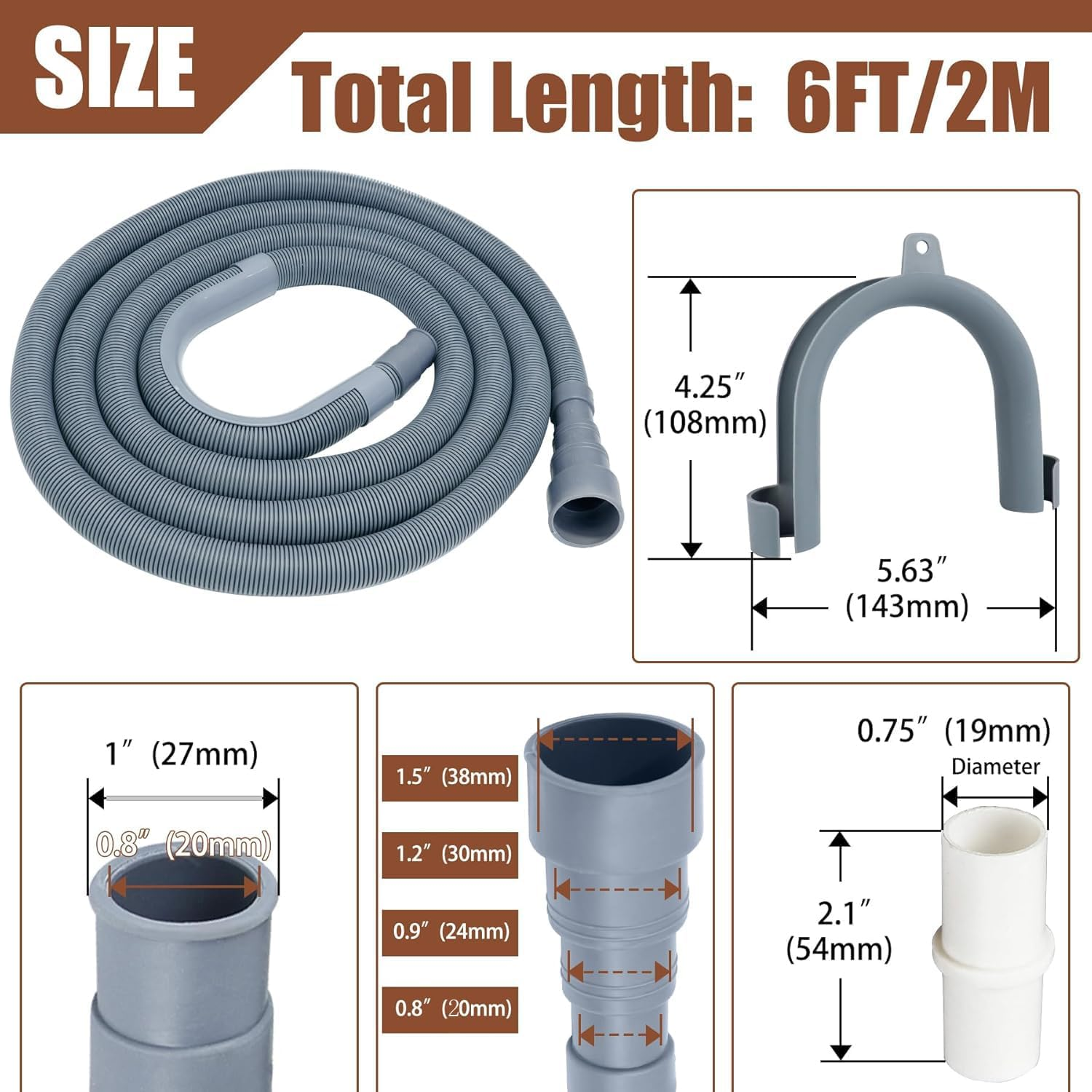 Xinghonyac Washing Machine Drain Hose Extension Kit, 6.56Ft/2M Flexible Dishwasher Drain Hose, Corrugated Washer Discharge Hose with 1 Adapter 1 U-Bend Holder 2 Hose Clamps image number 1