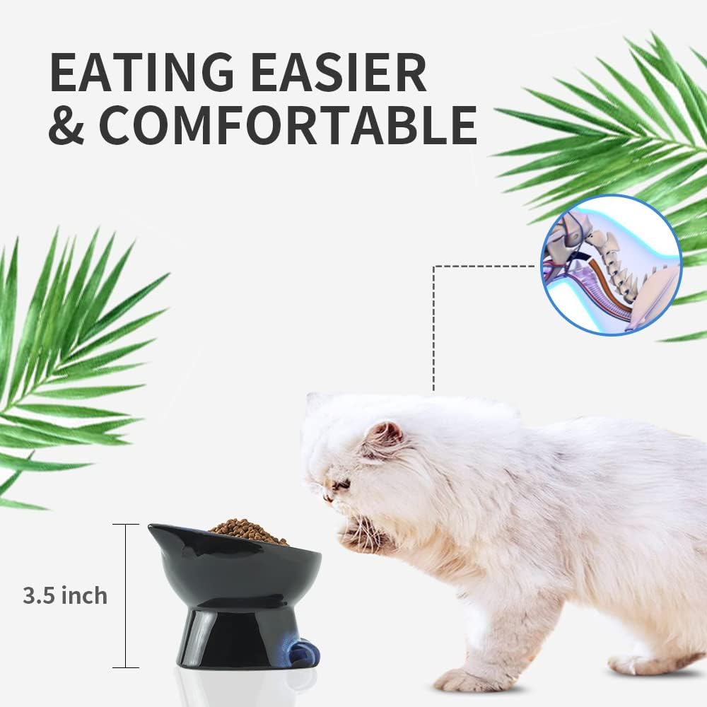 Nihow Slanted Elevated Cat Bowls: 5 Inch Ceramic Raised Cat Food Bowl for Protecting Pet'S Spine - Microwave & Dishwasher Safe -Elegant Blue & Black (4.5 OZ /1 PC) image number 5