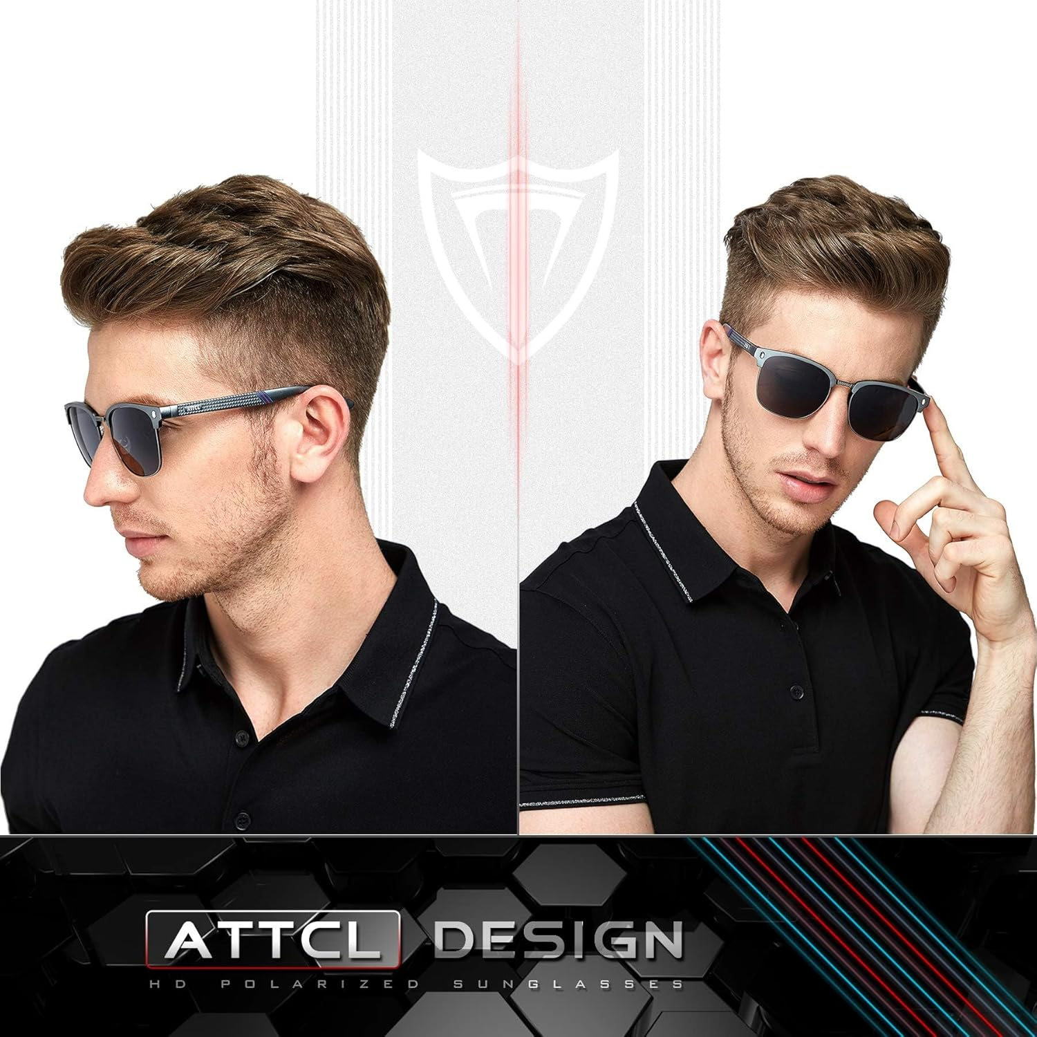 ATTCL Polarized Sunglasses for Men Driving: Lightweight Al-Mg Metal Frame Square Semi Rimless UV Protection for Travel Hiking - 8188-Black/Not Mirrored image number 2