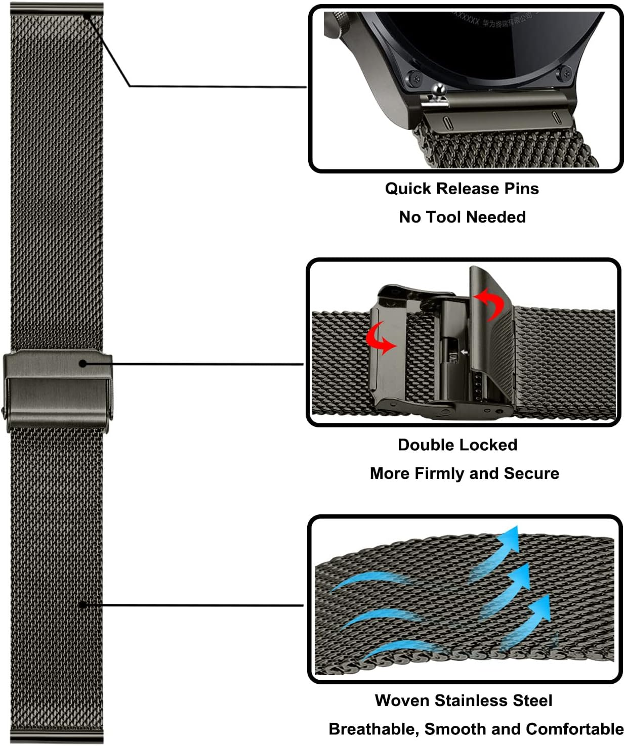 Trumirr Replacement for Huawei Watch GT 4 46 Mm/Huawei Watch 4 Pro/Huawei Watch GT 3 Pro 46 Mm/Gt 2 Pro Strap, 22 Mm Solid Stainless Steel Woven Mesh Metal Bracelet Replacement Strap for Huawei Watch