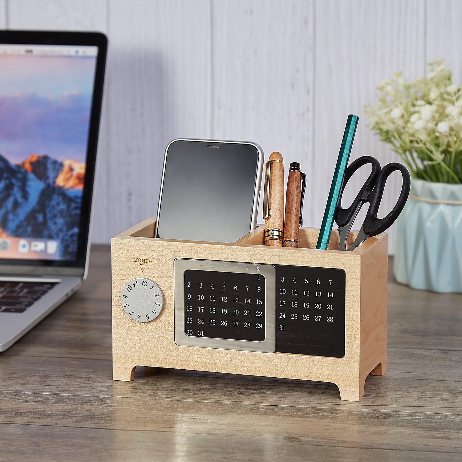 Artinova Wooden Office Desk Organizer Pen and Pencil Holder Stationery Storage Box with Calendar for the Desk ARTA-0006M image number 6