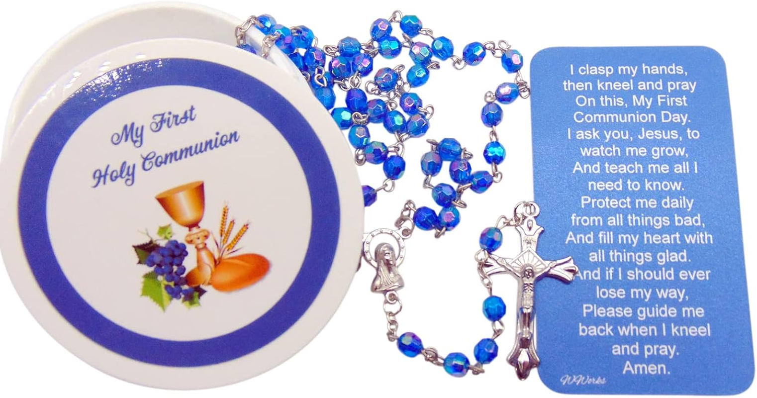 Westmon Works First Communion Rosary Set Blue Glass Beads in a Protective Case with Matching Holy Prayer Card, Metal, No Gemstone image number 6
