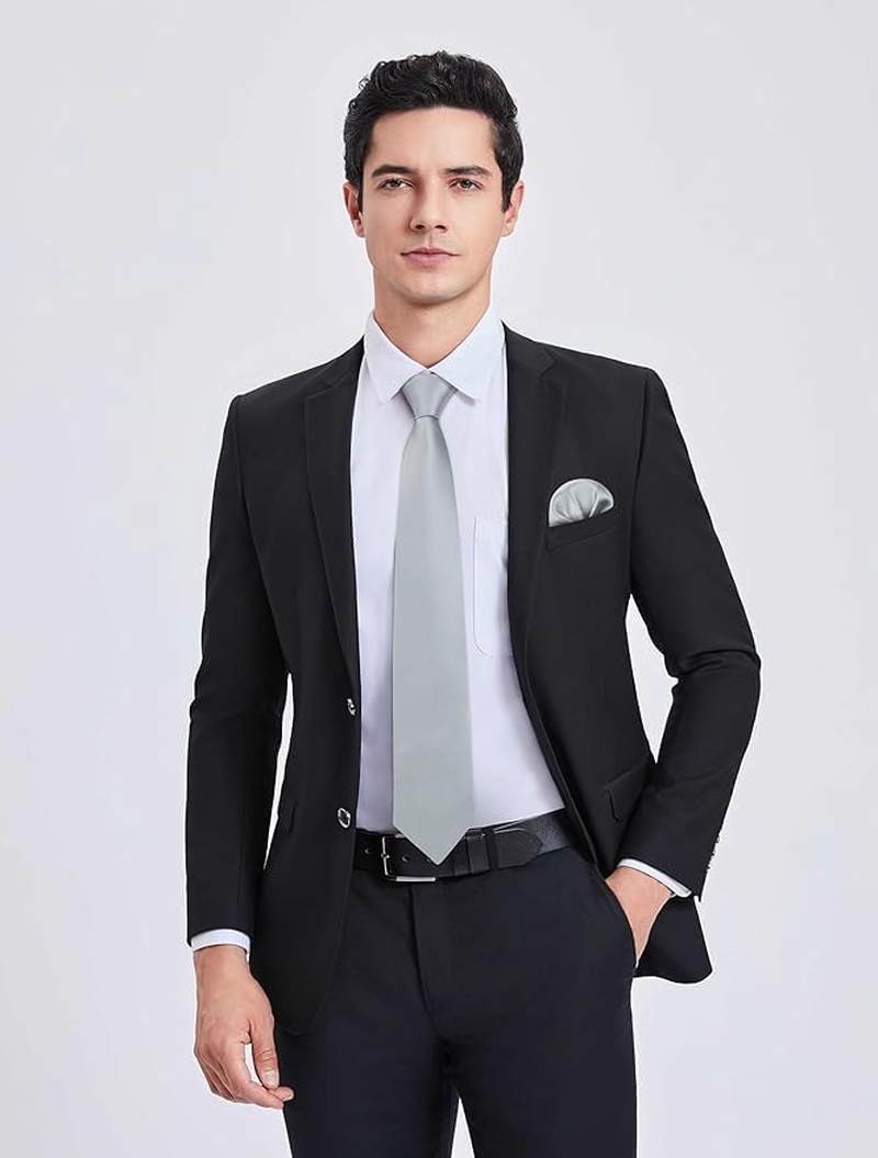 Men'S Tie Set,Solid Pure Color Necktie Classic Formal Plain and Pocket Square Set for Wedding Party Business Work Casual - Navy Blue image number 7