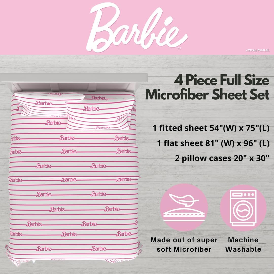 Franco Collectibles Barbie Logo Bedding Super Soft Cozy Microfiber 4 Piece Full Sheet Set, (Officially Licensed Product) image number 6