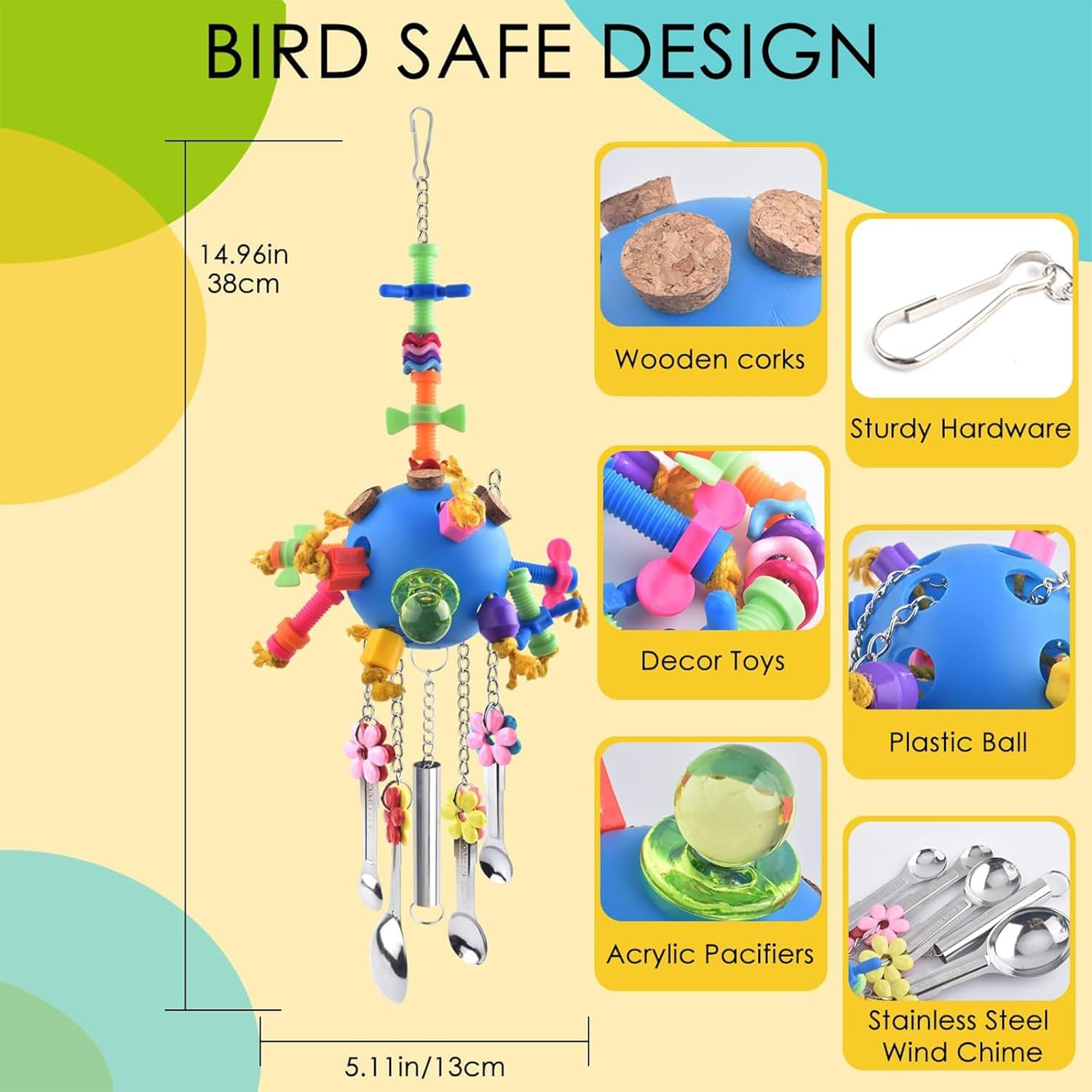 Cozioz Colorful Acrylic Bird Chew Toys &ndash; Pull Spoons & Stick Toys for Parrots, African Greys, Conures, Caiques, Quakers, Small Cockatoos, Mini Macaws, Eclectus & More image number 3