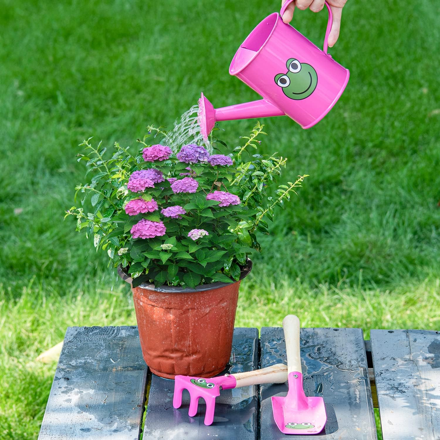 Sungmor Mini Garden Tools Set | Pretty & Cute Little Gardener Kit | Package Includes 3PC Rose Red Frog Watering Can & Trowel & Rake Gardening Hand Tools | Perfect for Play around Garden,Yard or Beach - Blue image number 7