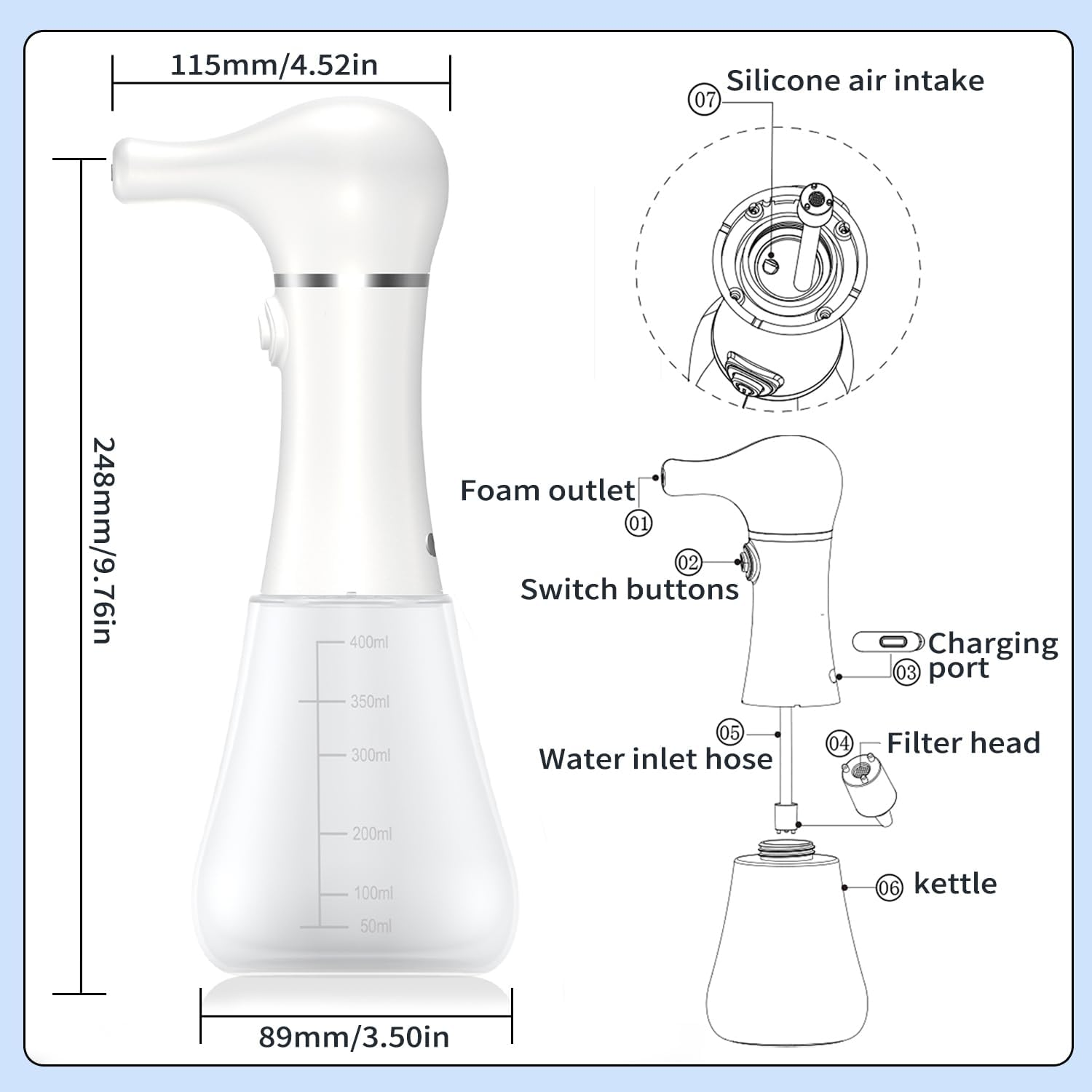 Electric Foaming Soap Dispenser,Ipx7 Dog Shampoo Sprayer,400Ml Capacity Pet Shower Bath Supplies Automatic Foaming Machine for Dog Deep Cleaning,Kitchen Dish Wash,Bathroom Floor Wash,Window Cleaning