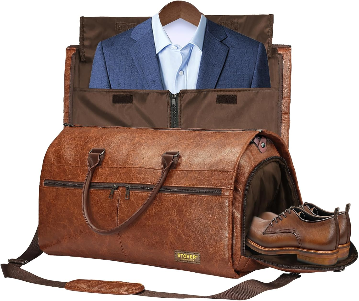 STOVER Garment Travel Duffle Bag, Large 2-In-1 Convertible Carry-On Luggage for Men & Women- Hanging Suits, Dresses & Clothes + Shoe Compartment- Weekender Tote Combo Duffel, Leather Brown, Garment image number 3