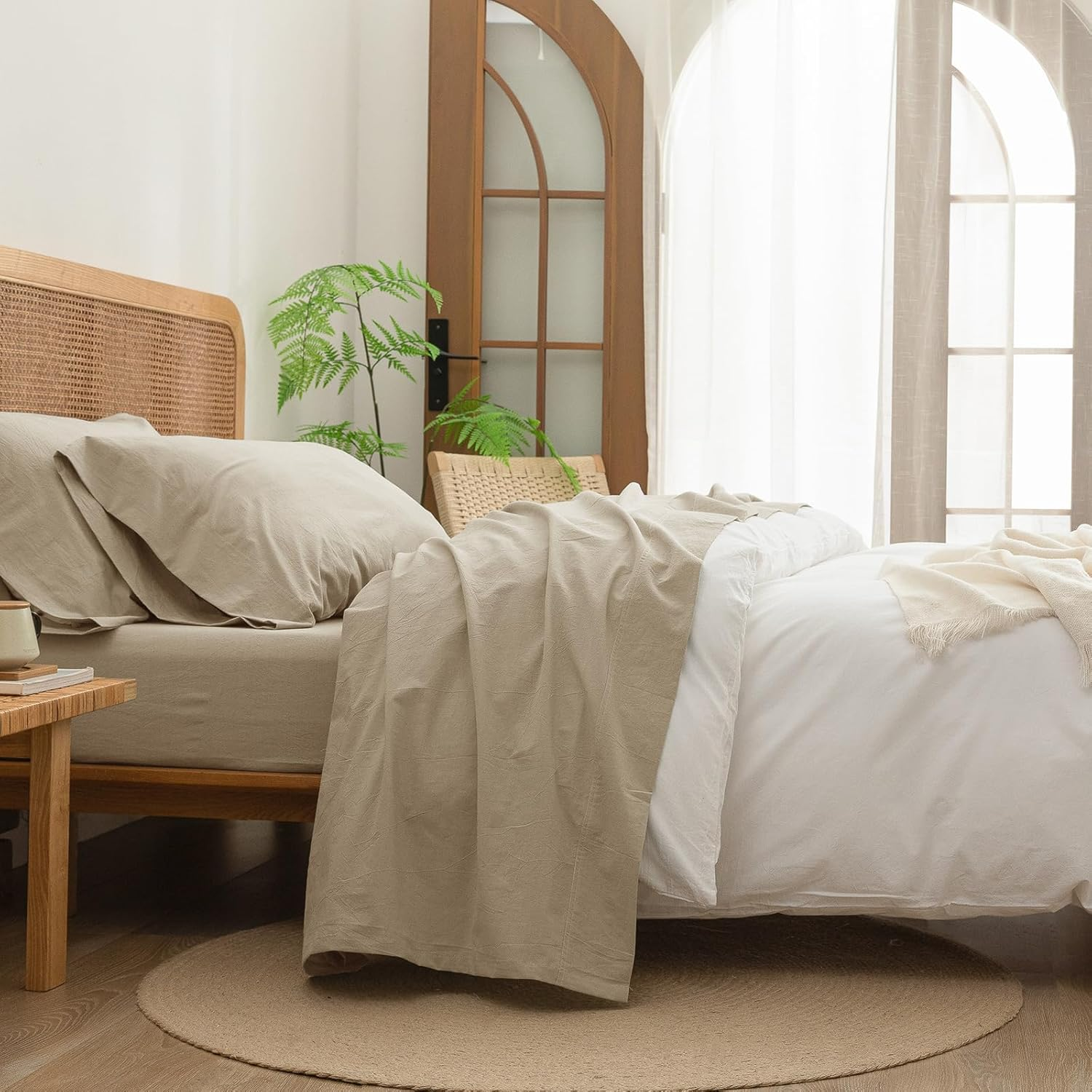 BESTOUCH Flat Sheet Only 100% Washed Cotton Linen Feel Wrinkle-Free, Fade-Resistant, Stain-Resistant, Bed Top Sheet, Solid Almond Milk Grey King image number 3