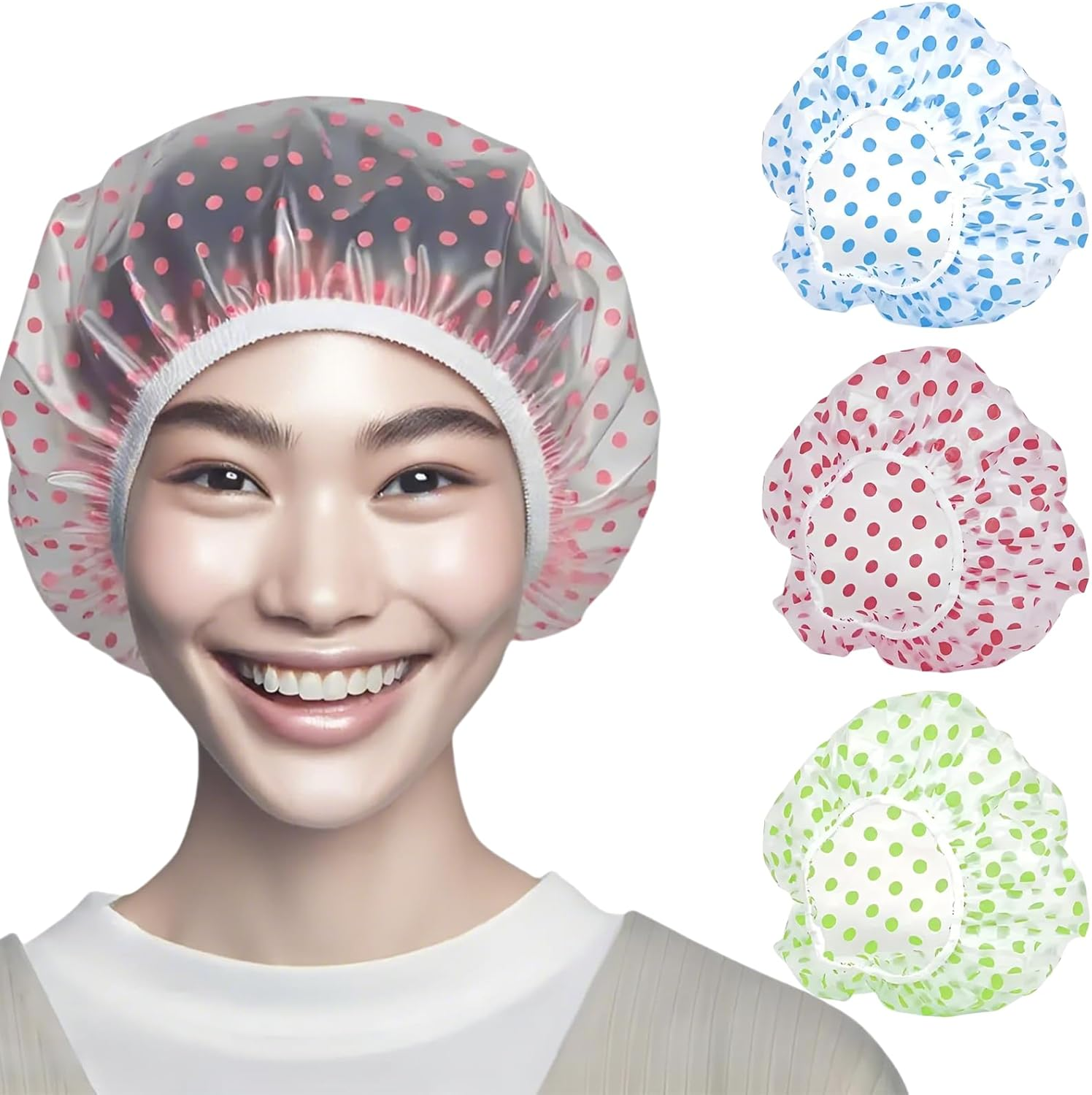 Rylaxzon 3Pcs Multi - Purpose Adjustable Polka Dot Shower Caps for Women, Kids and Baby Care - Waterproof Reusable for Bath, Face Care, Kitchen, Cleaning image number 6