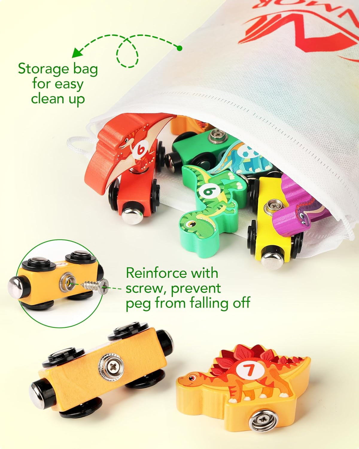 Vanmor Wooden Train Set with Dinosaur Toys - Educational Toddler Matching and Magnetic Number Train Learning Toys for Kids Ages 3-5