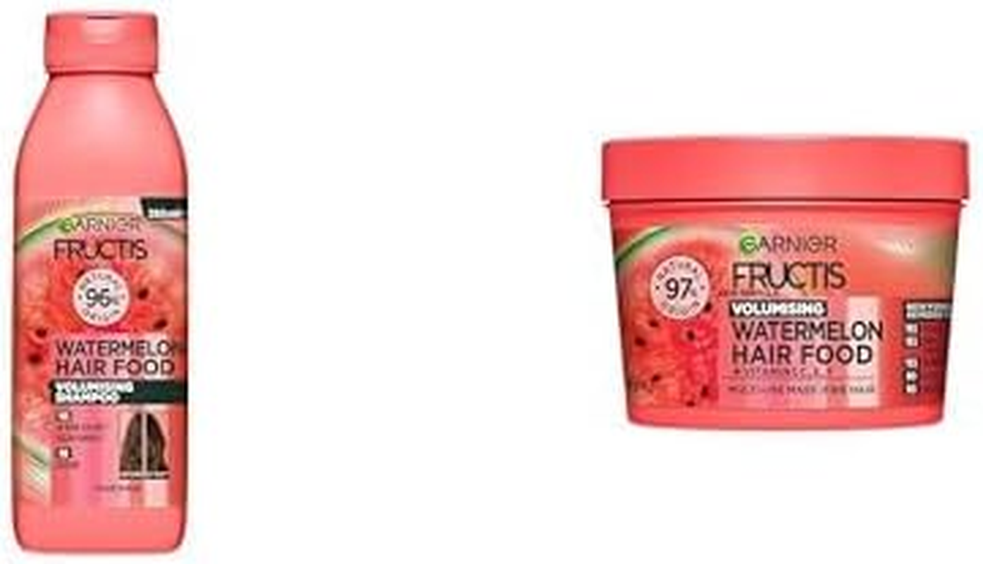 Garnier Fructis, Shampoo, Cleansing and Plumping, Hair Food Watermelon, 350Ml & Garnier Fructis, 3-In-1 Hair Mask, Plumping & Hydrating, Hair Food Watermelon, 390Ml