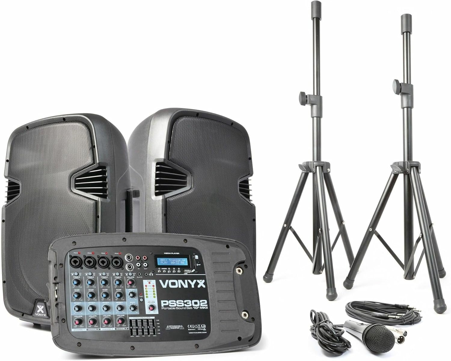 Vonyx PSS302 Portable PA System DJ Karaoke System Speaker Box System with Mixer and Stand 300 Watts MAX. Bluetooth Mp3-Compatible USB Slot SD Card Slot 2 X Tripod Carrying Bag image number 1