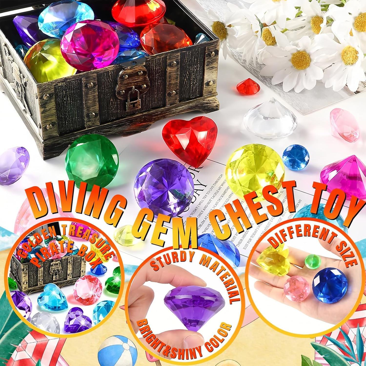 Diving Gems Pool Toys, Big Colorful Diamond with Pirate Treasure Chest - Summer Underwater Gem Swimming Training Diving Toys, Swimming Training Gift Toy (32) image number 6