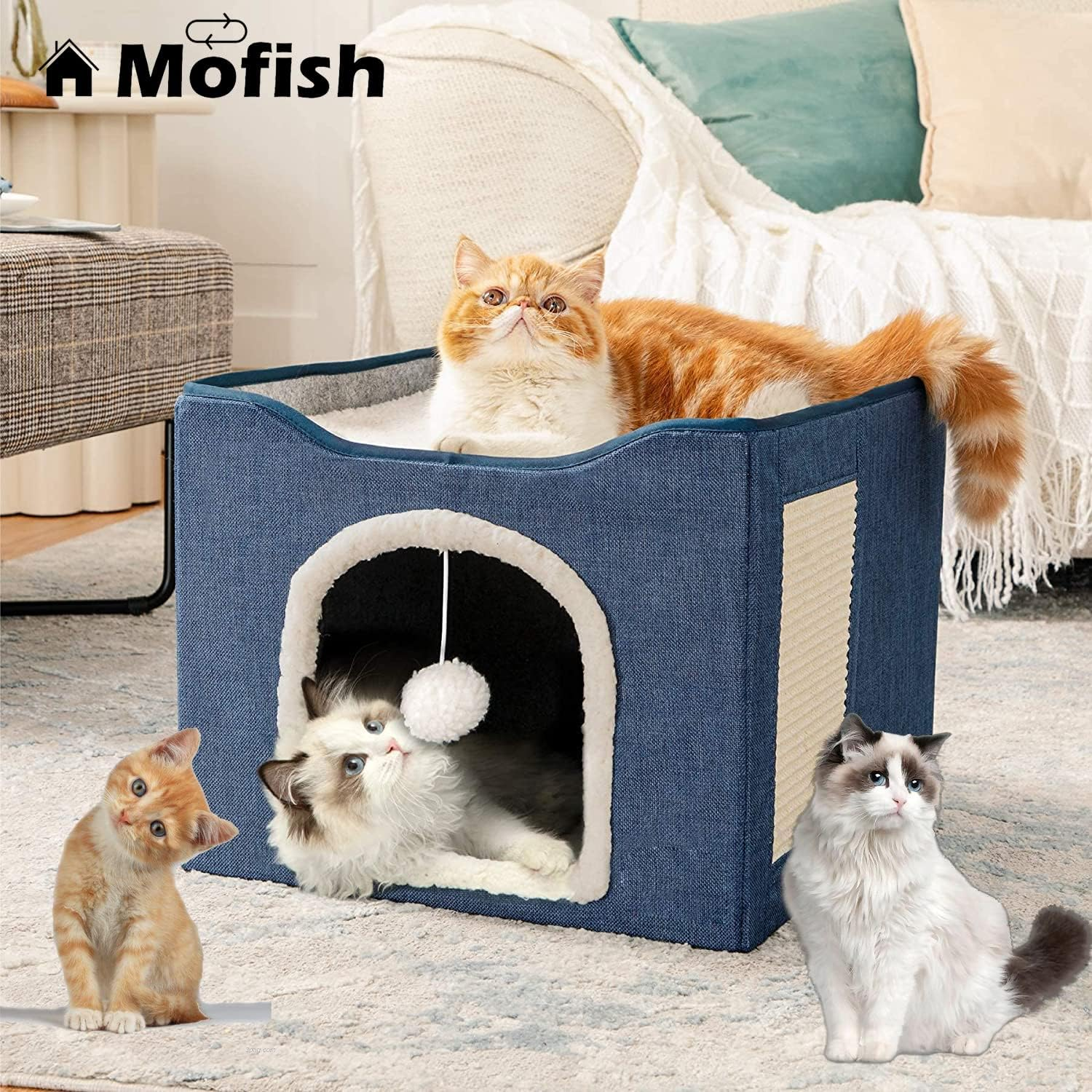 Mofish Cat Beds for Indoor Cats,Large Pet Cat Cube House Foldable with Ball Hanging and Scratch Pad,Soft and Self Warming Cat Cando Cave & Furniture,Kitten Shelter with Warm Plush Bed image number 6