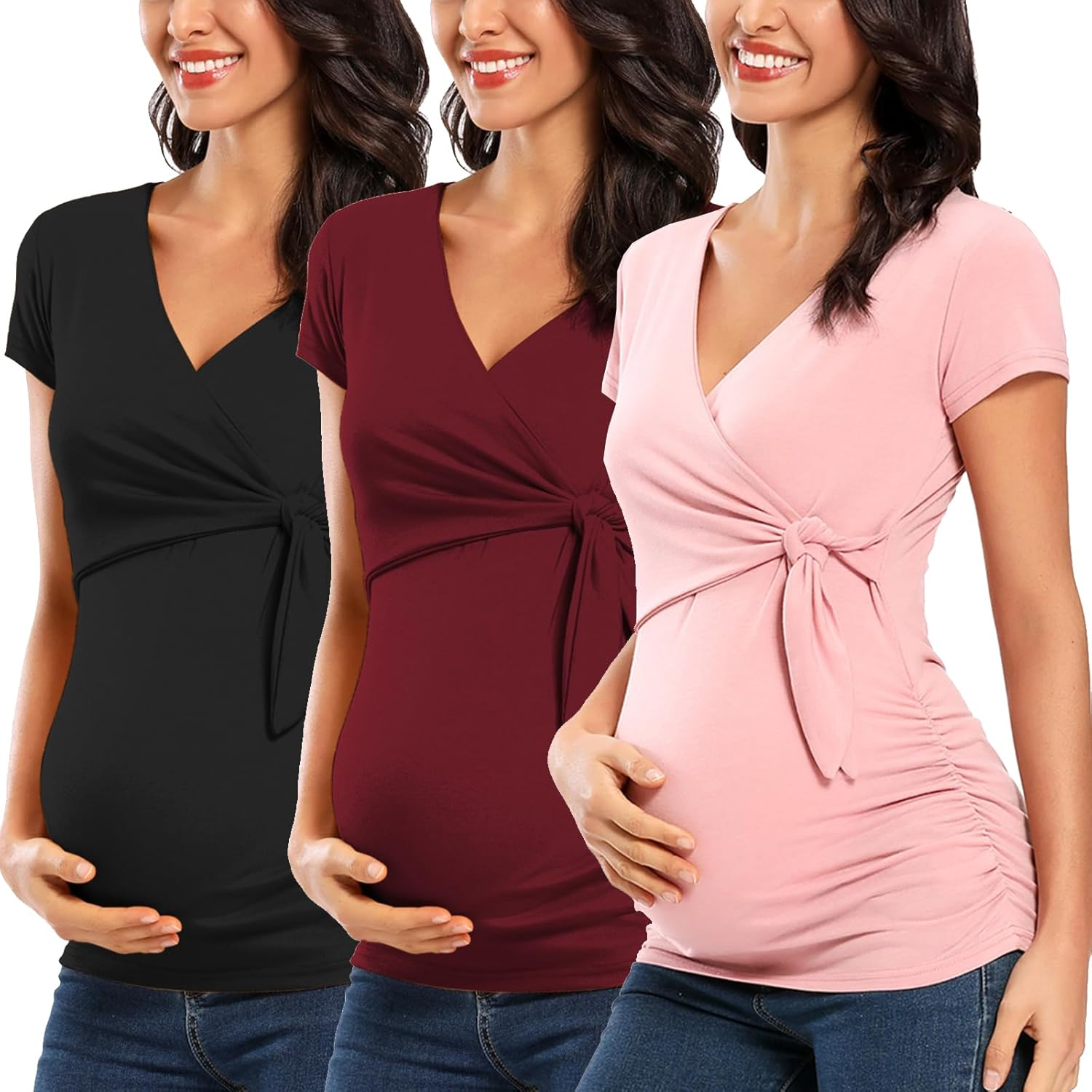 Ecavus Women'S Maternity Shirts 3 Packs Short Sleeve Tie Front Wrap Nursing Tops V Neck Pregnancy Clothes