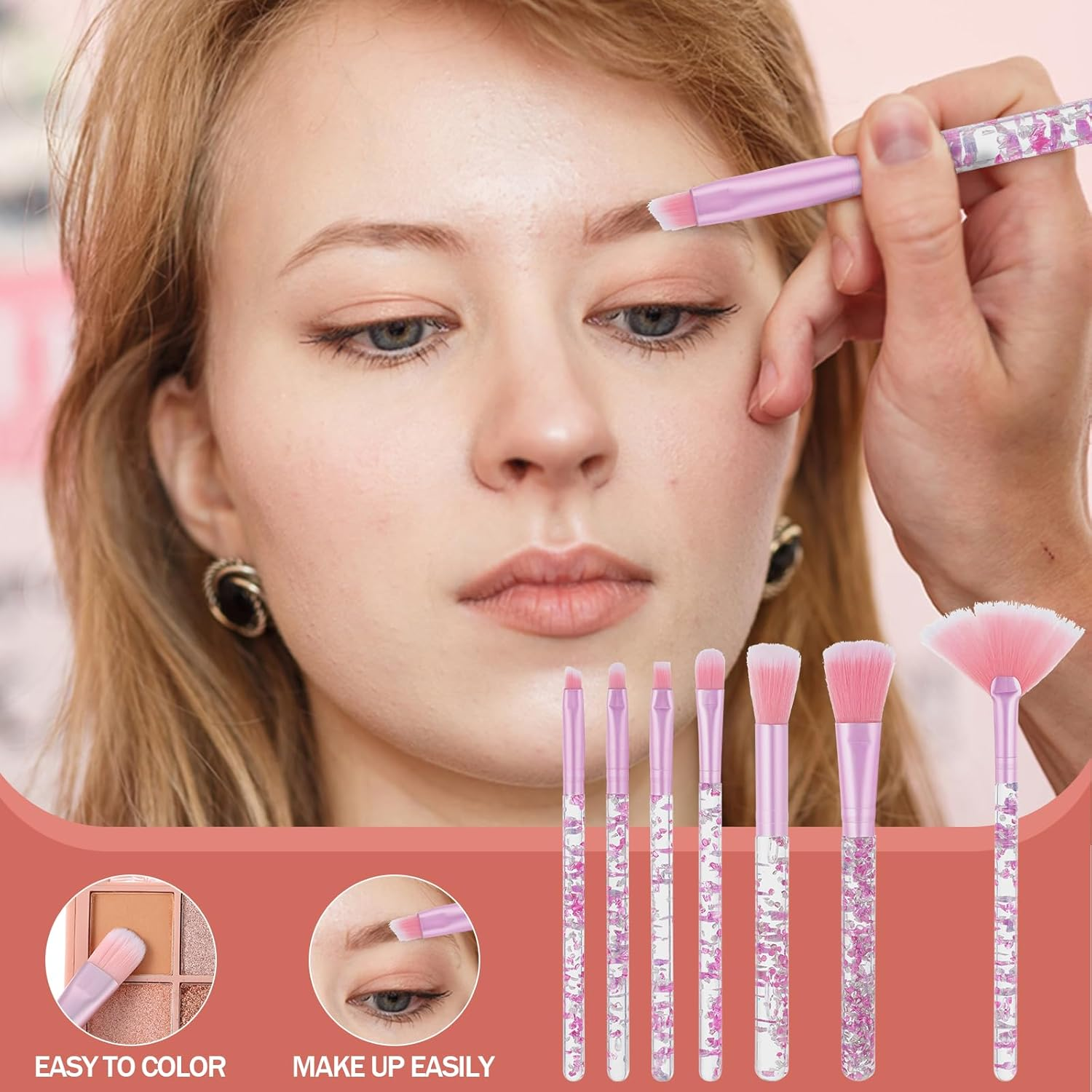 Makeup Brush Set, 7 Pcs Makeup Brushes Crystal Glitter Make up Brushes Cute Synthetic Bristles Make up Brush Set for Eyeshadow Blush Concealer Lipstick Foundation Application (Pink) image number 5