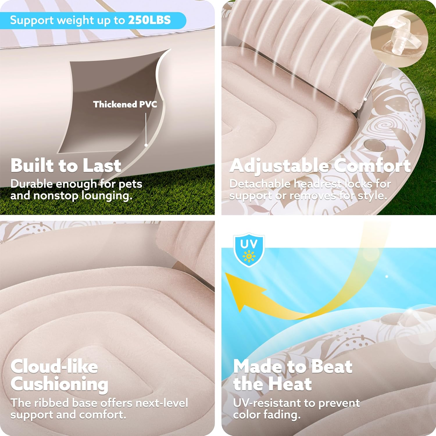 SLOOSH Inflatable Tanning Pool Lounger Float,72" X 65" Pool Floats Adult with Pillow,Luxury Fabric Large Suntan Tub Raft Floatie,Sunbathing Bed Lounge for Water Blow up Kids Ball Pit Party Gifts