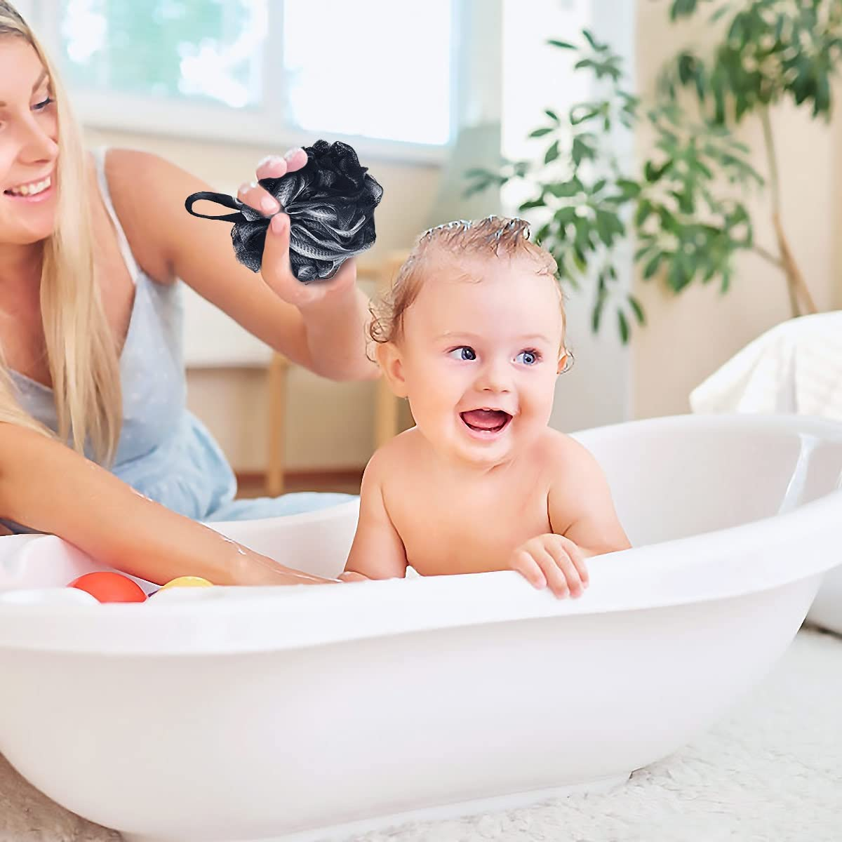 Missrui Shower Bath Sponge Shower Pouf Loofahs Balls 60G/Pcs for Body Wash Bathroom Men Women Kids- Set of 2 Black Sponges image number 1