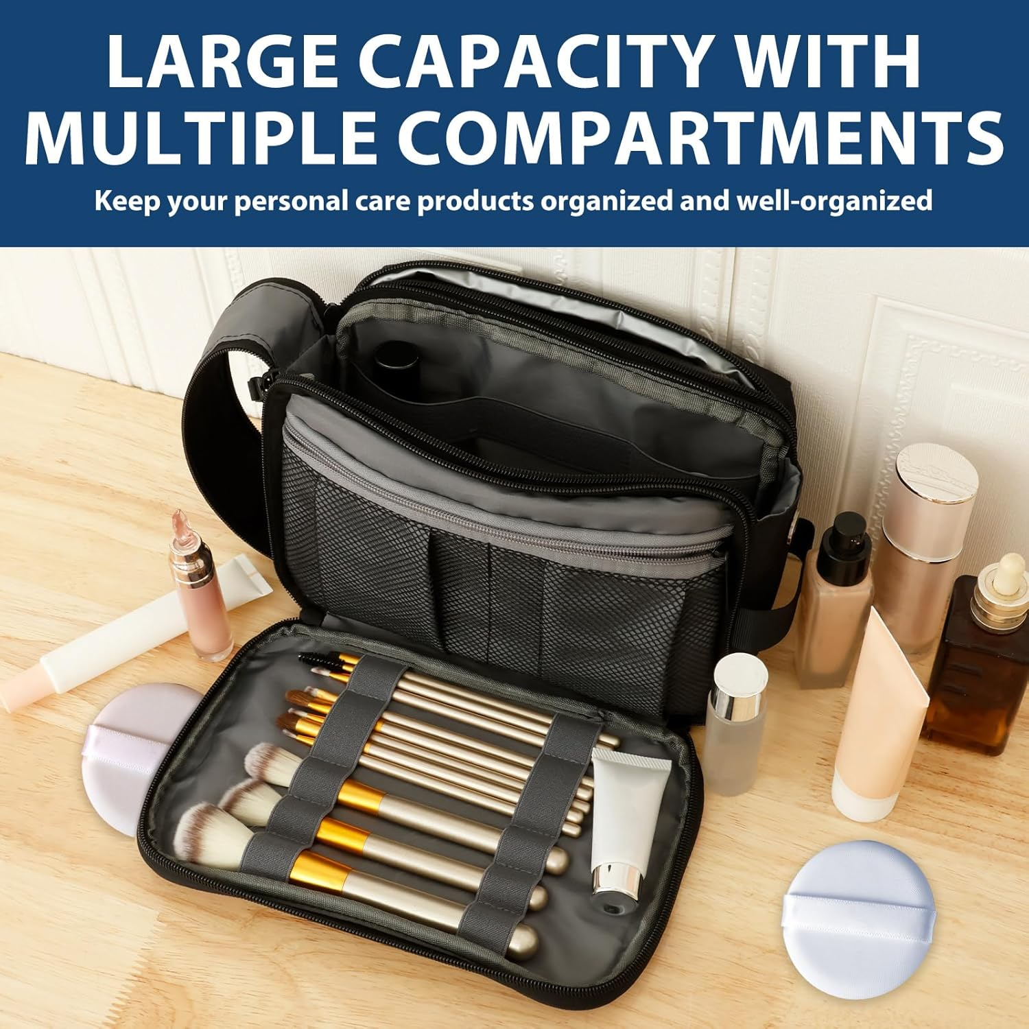 Awobepl Travel Toiletry Bag, Large Capacity Women'S Cosmetic Bag, Wide Open Double Zipper Shaving Bag for Shaving Accessories image number 1