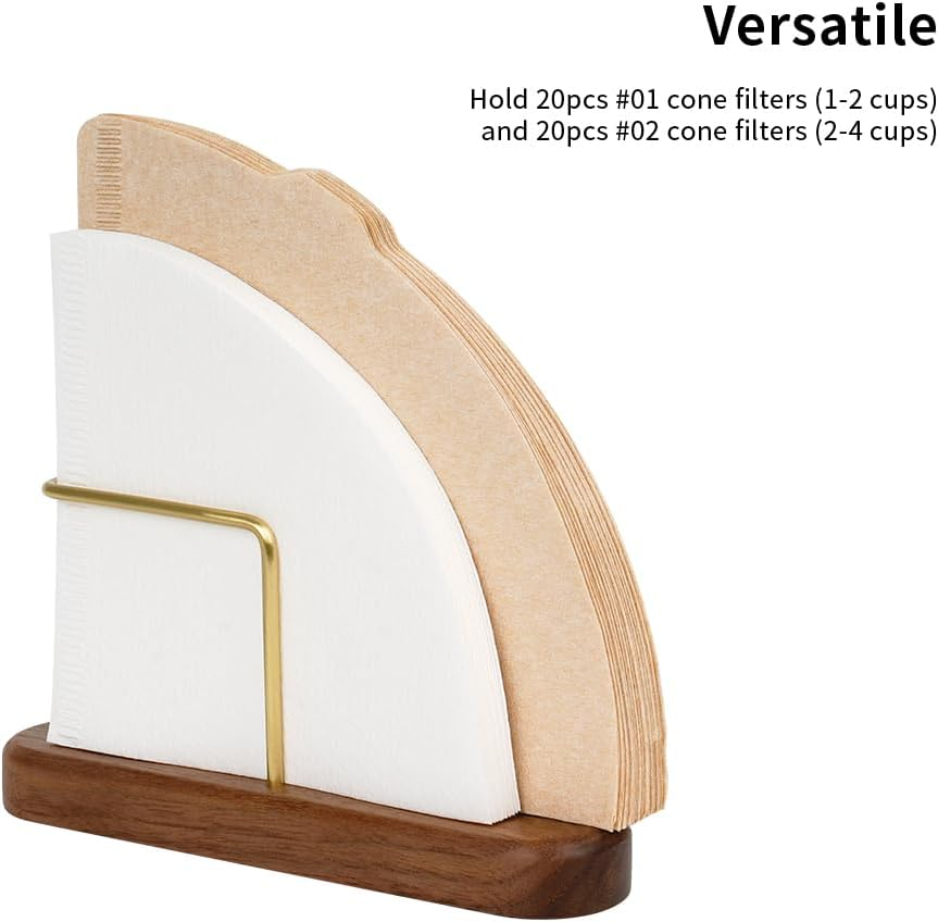 Watchget Cone Coffee Filter Holder Walnut & Brass Coffee Filter Storage Container Coffee Filter Stand for V60#01 and #02 Size Cone Paper Coffee Filters image number 3