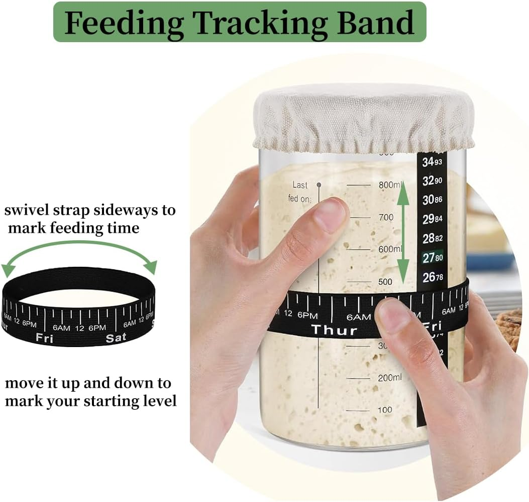 REASOR 2 Pack Sourdough Starter Jar Kit,35 Oz Glass Jars with Wooden Lids, Cloth Covers, Date Tracking Bands, and Silicone Spatulas for Artisan Bread Making image number 4
