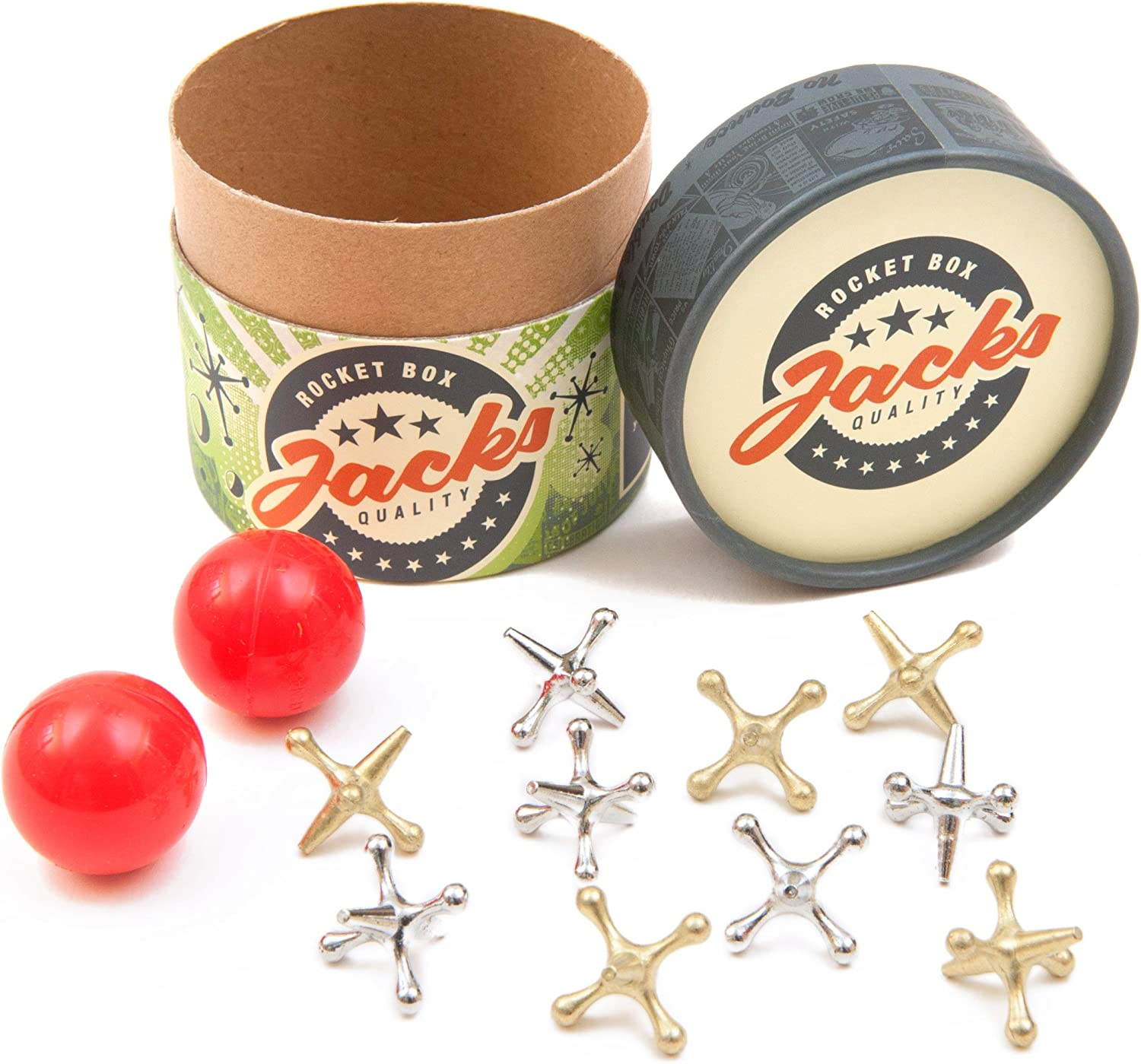 Rocket Box Jacks Game: Retro, New Vintage, Classic Game of Jacks, Gold and Silver Toned Jacks, Two Red Bouncy Balls and Set of Instructions, Fun for Kids and Adults of All Ages.