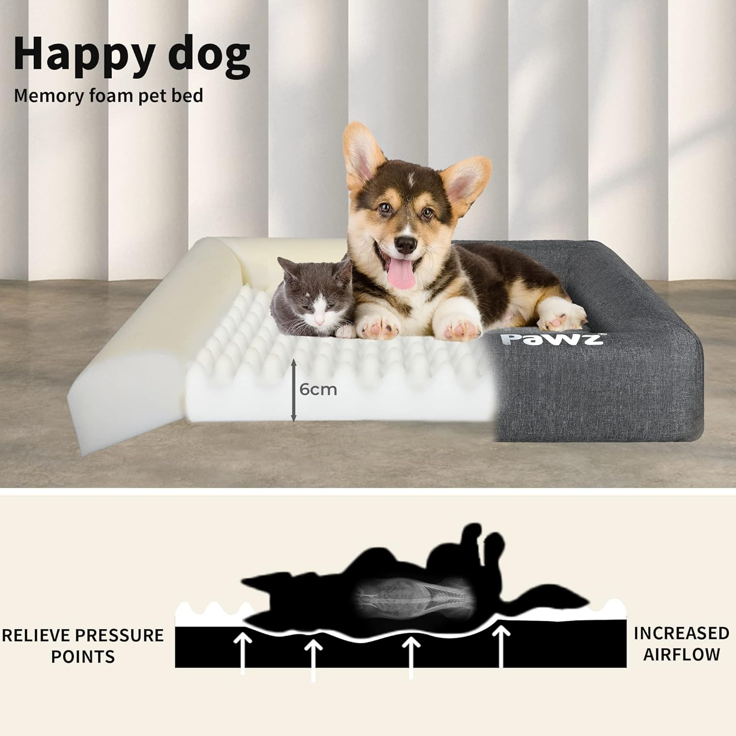 Pawz Memory Foam Pet Bed - Dog, Cat, Cushion, Sofa, Mattress, Bolster, Washable, Removeable, Grey, Removable Zipper Machine Washable Pet Mat, Waterproof Inner Liner Dog Bed, Memory Foam Pet Pillow image number 1