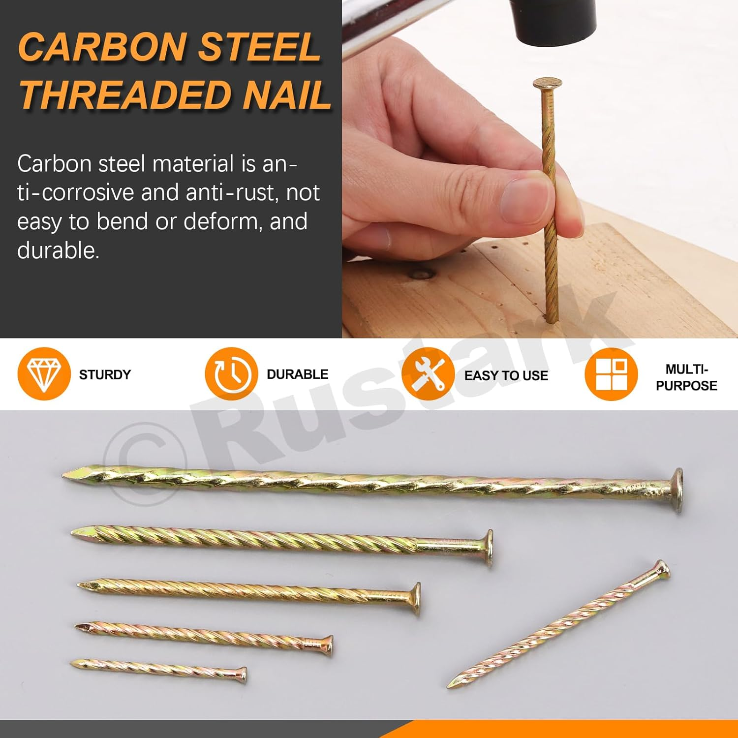 Rustark 200Pcs 5 Sizes Spiral Deck Nails Assortment Kit Fence Deck Nails Spiral Shank Deck Nail Floor Hardware Screw Nail for House Repairing Wall Floor image number 2