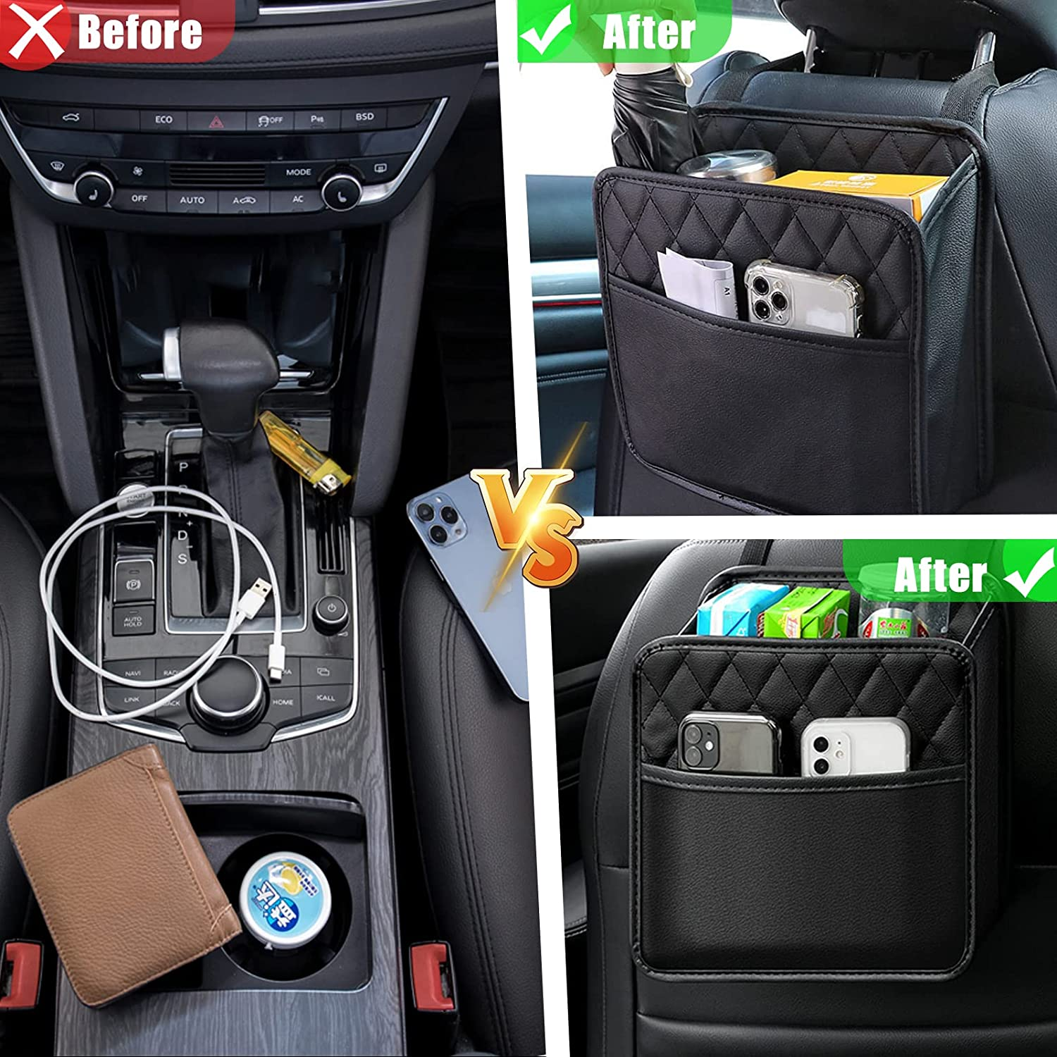 Backseat Car Organiser, Car Net Pocket Handbag Holder, 2 Pack Car Seat Back Hanging Bags, Multi-Pocket All Purpose Car Trip Storage Box for Ipad, Bottles, Toys, Books, Tissues, Etc