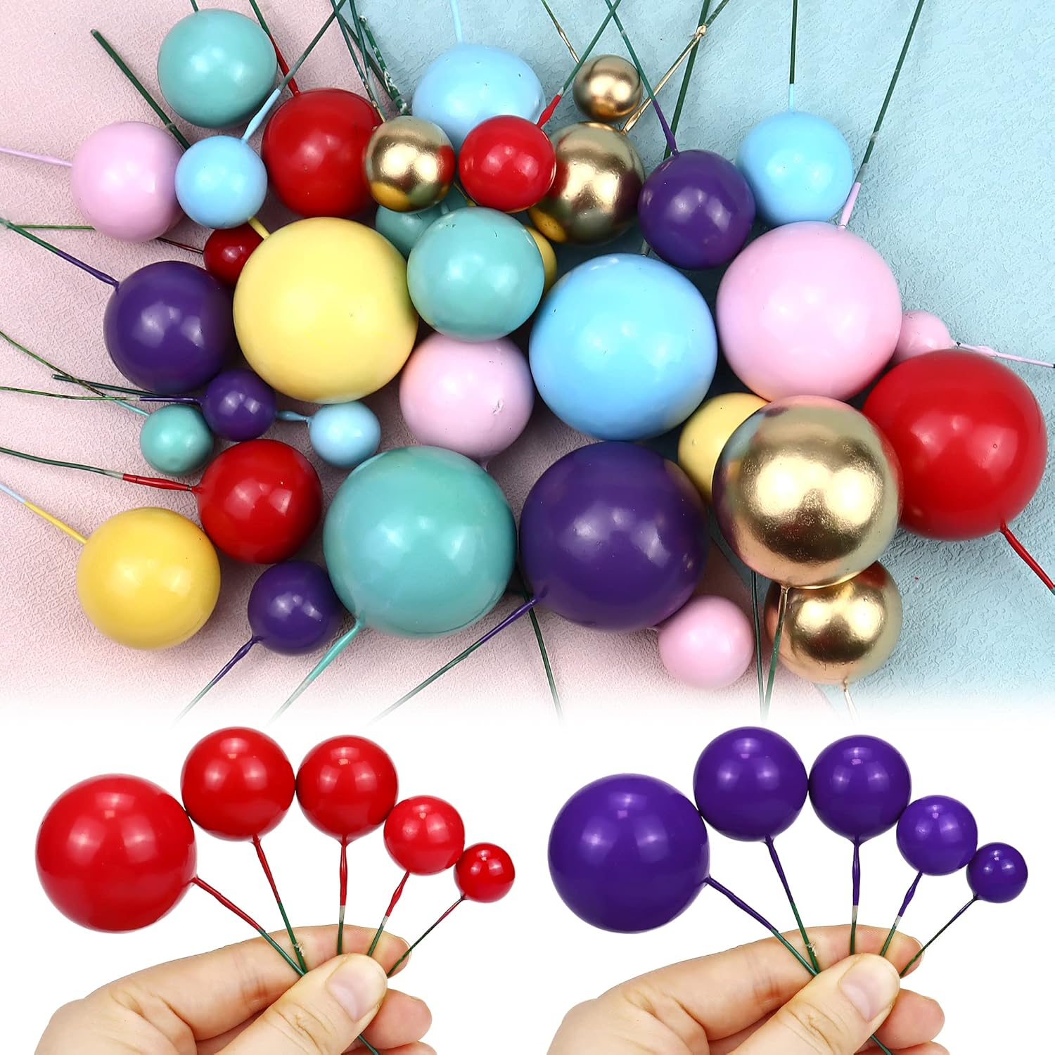 34Pcs Mini Balloon Cake Topper 5 Sizes Foam Cake Balls Cupcake Toppers 7 Colors Pink Gold Purple Yellow Red Blue Green Cake Insert Birthday Cake Toppers round Ball Baking Decor for Wedding Baby Shower image number 5