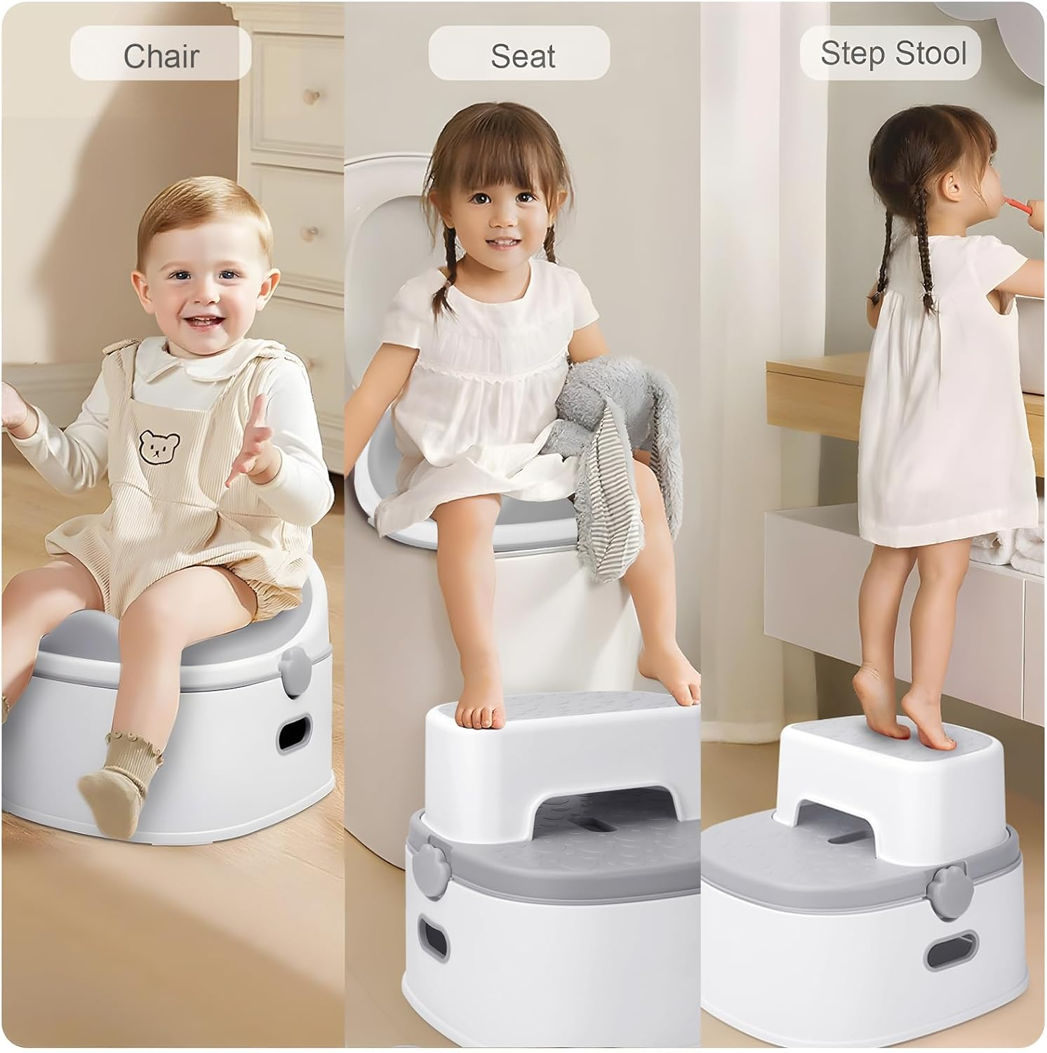Timkos 3-In-1 Toddler Potty(Chair, Seat, Step Stool), Potty Training Seat - 10 CM Splash Guard, Soft & Comfortable Silicone Step Stool and Toilet Seat, Easy to Clean with Non-Slip Safety for Toddlers