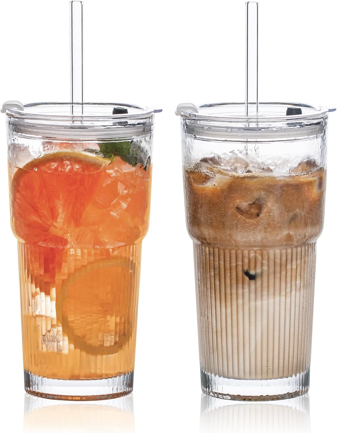 600Ml Glass Drinking Cups with Lids and Straws, Set of 2, Stylish Ribbed Design Drinking Glasses for Iced Coffee, Cold Beverages (2) image number 5