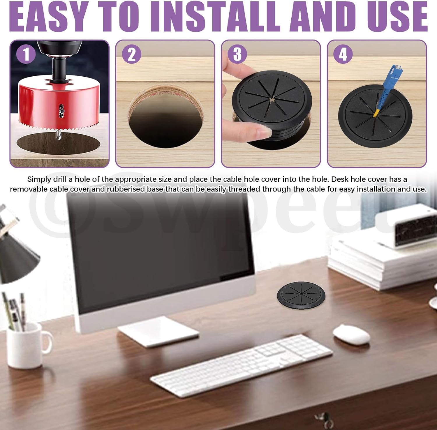 Swpeet 6Pcs 2.4 Inch (60Mm) Rubber Desk Grommet with Hole Saw, Flexible Cable Grommet, Desk Cable Hole Covers, Wire Hole Cover, Desk Cord Hole Cover for Desk Table Wire Pass through Wire Protection image number 4