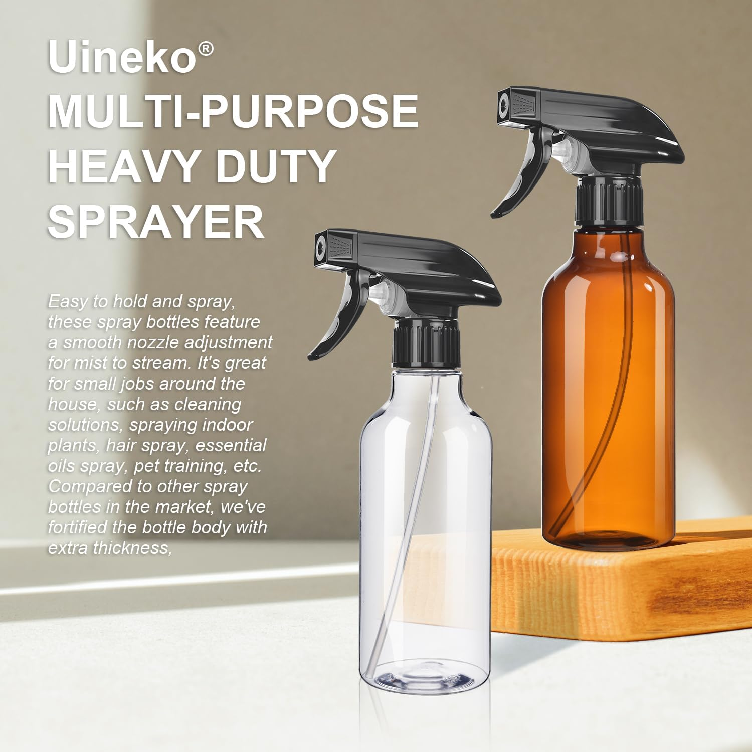 Uineko Spray Bottles 2-Pack, 10 Oz, Mist & Stream, Heavy Duty Spraying Empty Water Sprayer Bottle, BPA Free Plastic Refillable Containers for Cleaning Solutions, Plants, Hair, Essential Oils (Clear) image number 4