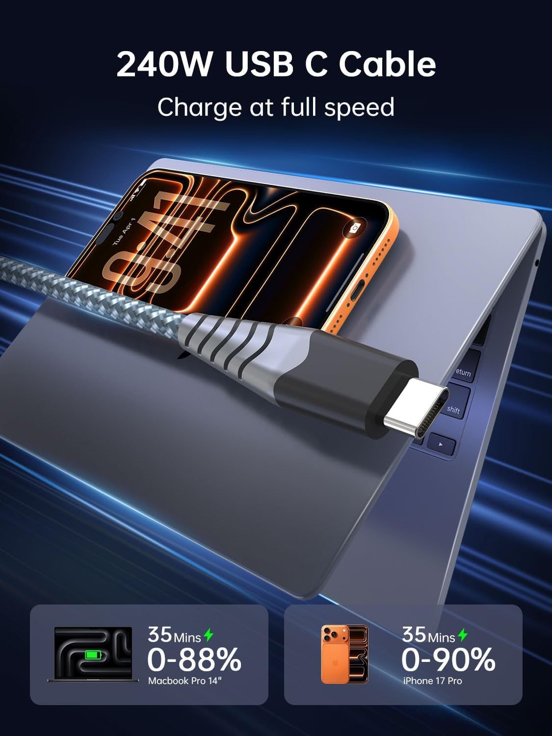 240W Short USB C to USB C Cable (0.5M, 2 Pack), Fast Charging USB C Cable Compatible for Iphone 17/17Plus/17Pro/Max, Macbook Pro/Air, Ipad Pro/Air/Mini Galaxy S25/S24/S23 Pixel Laptop Switch image number 2