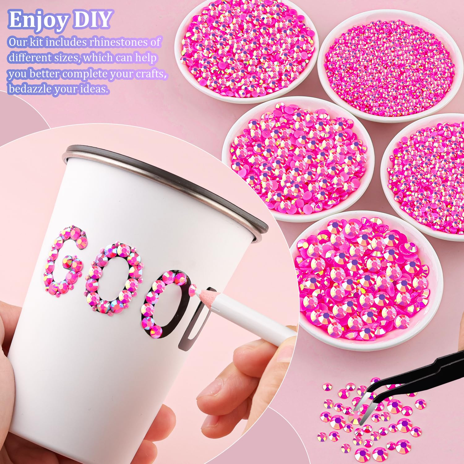 16000Pcs Resin Jelly Rhinestones with Tweezers for Crafting, Hot Pink AB 2-6Mm Mixed Sizes Flatback Gems, Bedazzling Crystal for DIY Crafts Clothing Tumblers Mugs Shoes Fabric Nail Art image number 6